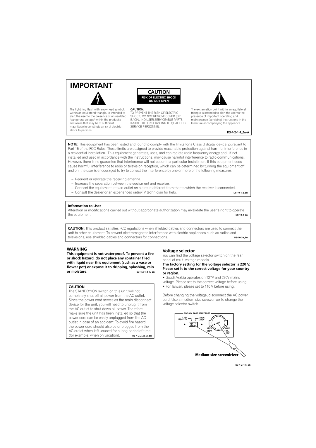 Pioneer VSX-915-S/-K, VSX-815-S/-K manual Voltage selector, Risk of Electric Shock Do not Open 