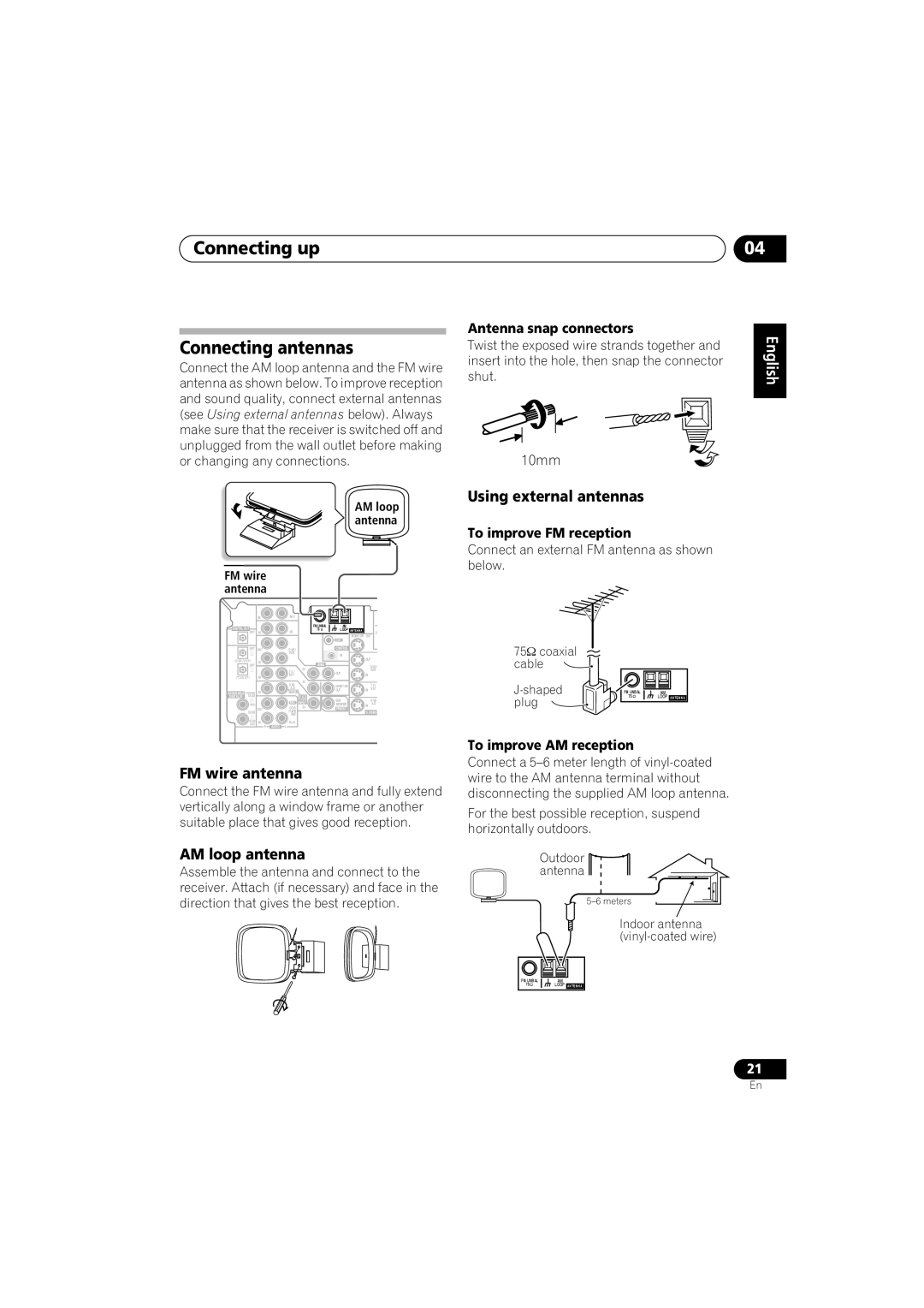 Pioneer VSX-815-S/-K manual Connecting up Connecting antennas, Using external antennas, FM wire antenna, AM loop antenna 