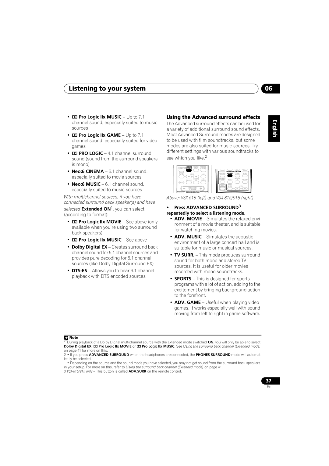 Pioneer VSX-815-S/-K, VSX-915-S/-K Listening to your system, Using the Advanced surround effects, See which you like.2 