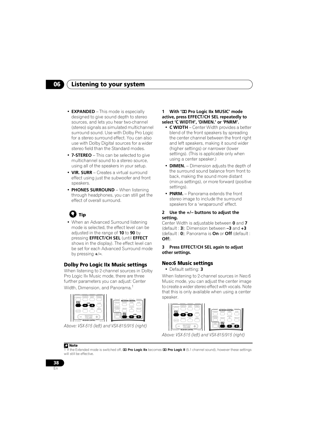 Pioneer VSX-915-S/-K, VSX-815-S/-K manual Dolby Pro Logic IIx Music settings, Neo6 Music settings, Tip 