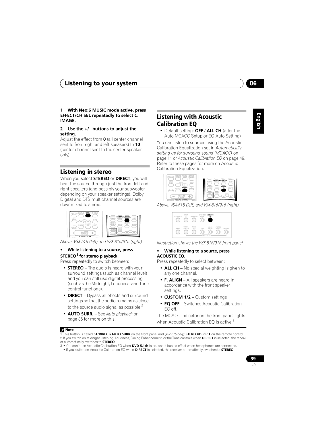 Pioneer VSX-815-S/-K, VSX-915-S/-K manual Listening in stereo, Listening with Acoustic Calibration EQ, Image 