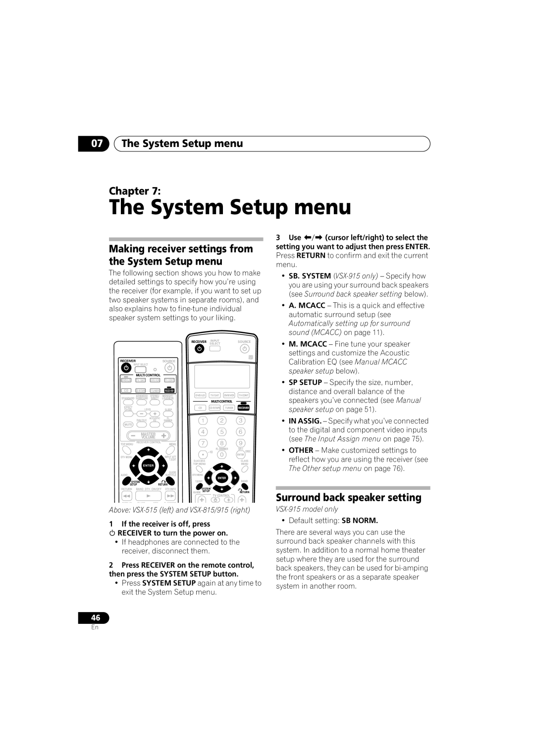 Pioneer VSX-915-S/-K, VSX-815-S/-K manual System Setup menu Chapter, Surround back speaker setting, VSX-915 model only 