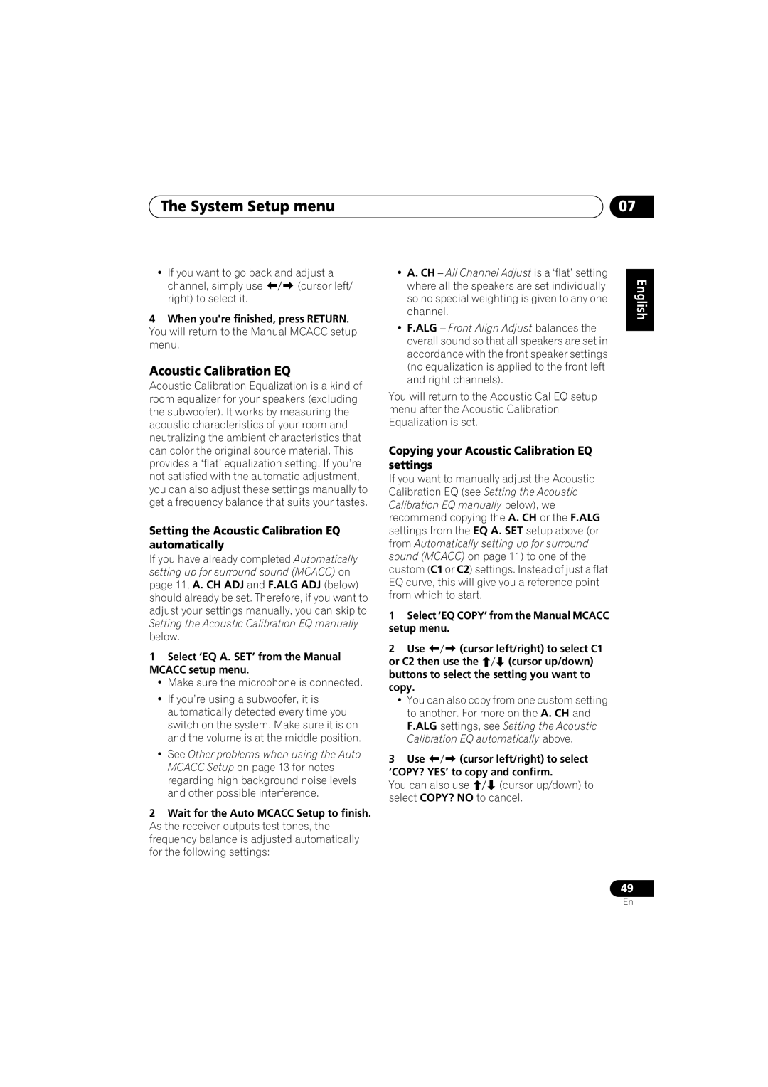 Pioneer VSX-815-S/-K Setting the Acoustic Calibration EQ automatically, Settings Copying your Acoustic Calibration EQ 