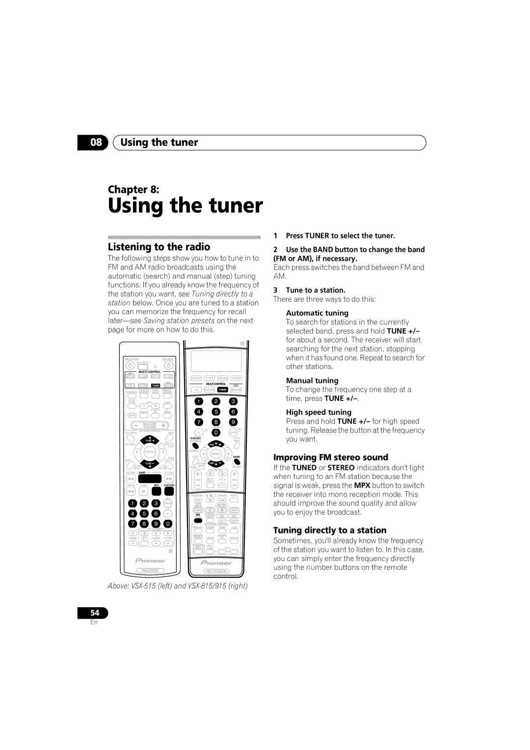 Pioneer VSX-915-S/-K, VSX-815-S/-K manual Using the tuner Chapter, Listening to the radio, Improving FM stereo sound 