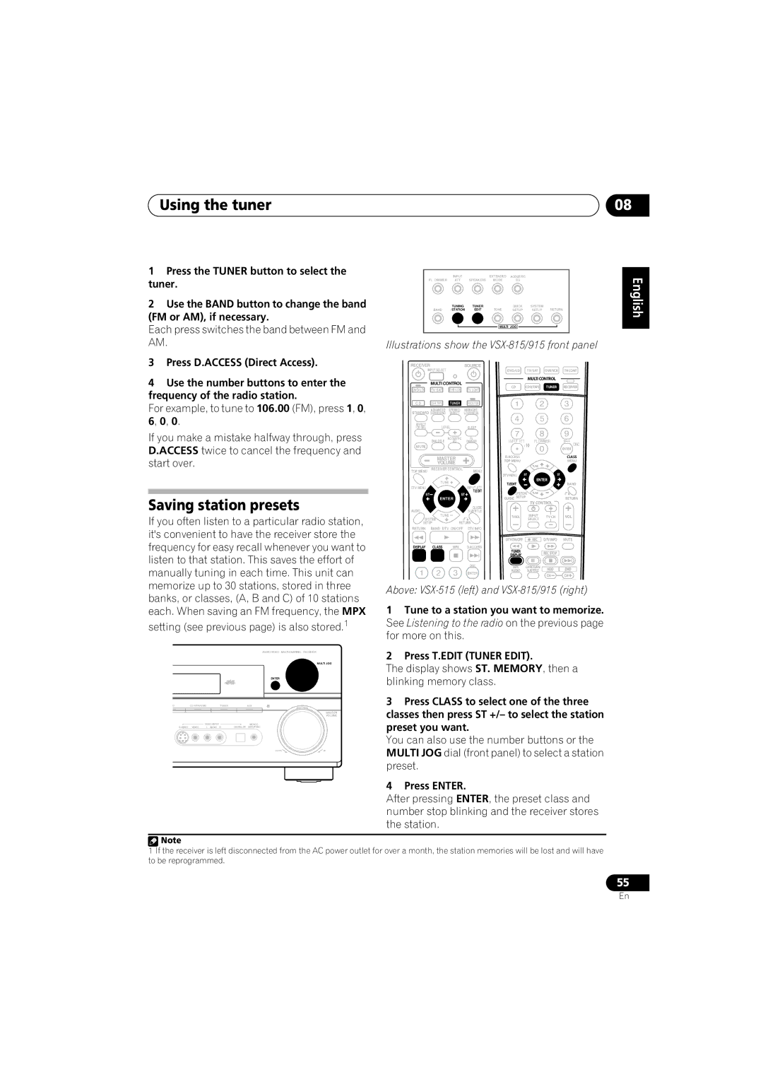 Pioneer VSX-815-S/-K manual Using the tuner, Saving station presets, Display shows ST. MEMORY, then a blinking memory class 