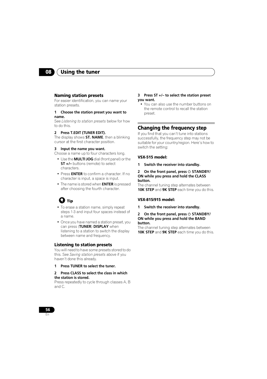 Pioneer VSX-915-S/-K, VSX-815-S/-K manual Changing the frequency step, Naming station presets, Listening to station presets 