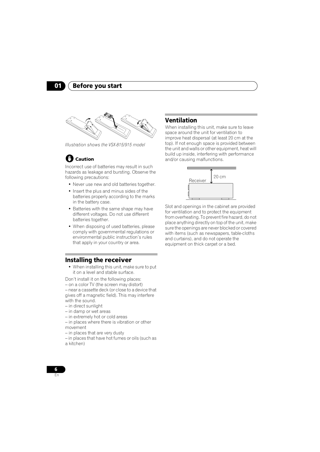 Pioneer VSX-915-S/-K Before you start, Installing the receiver, Ventilation, Illustration shows the VSX-815/915 model 