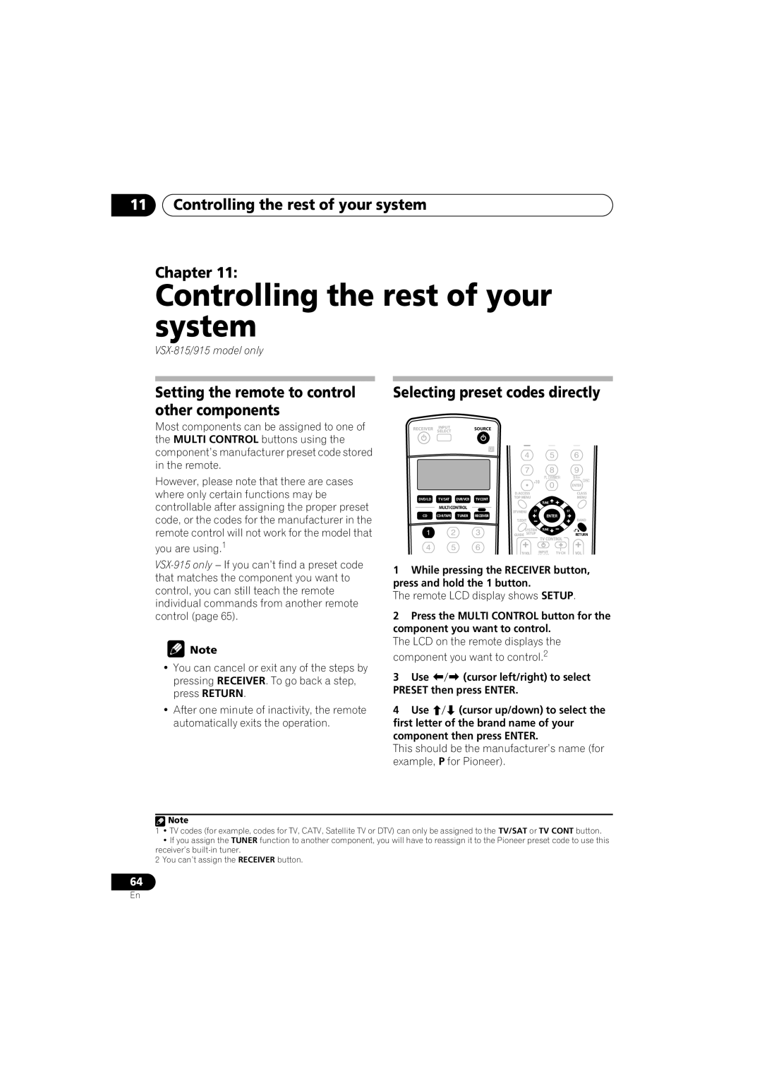 Pioneer VSX-915-S/-K, VSX-815-S/-K Remote LCD display shows Setup, Use Cursor left/right to select Preset then press Enter 