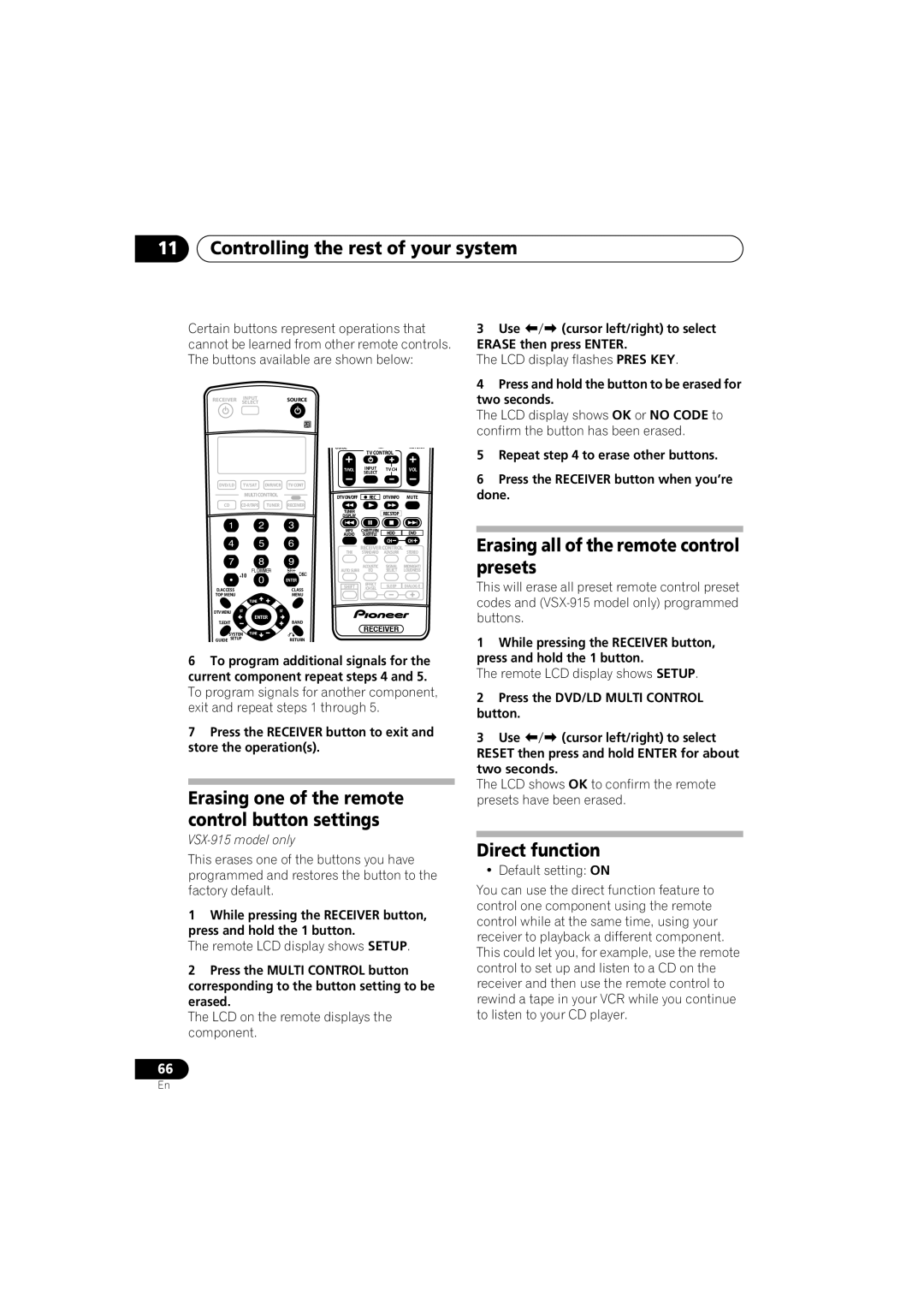 Pioneer VSX-915-S/-K Erasing all of the remote control presets, Press the Receiver button to exit and store the operations 