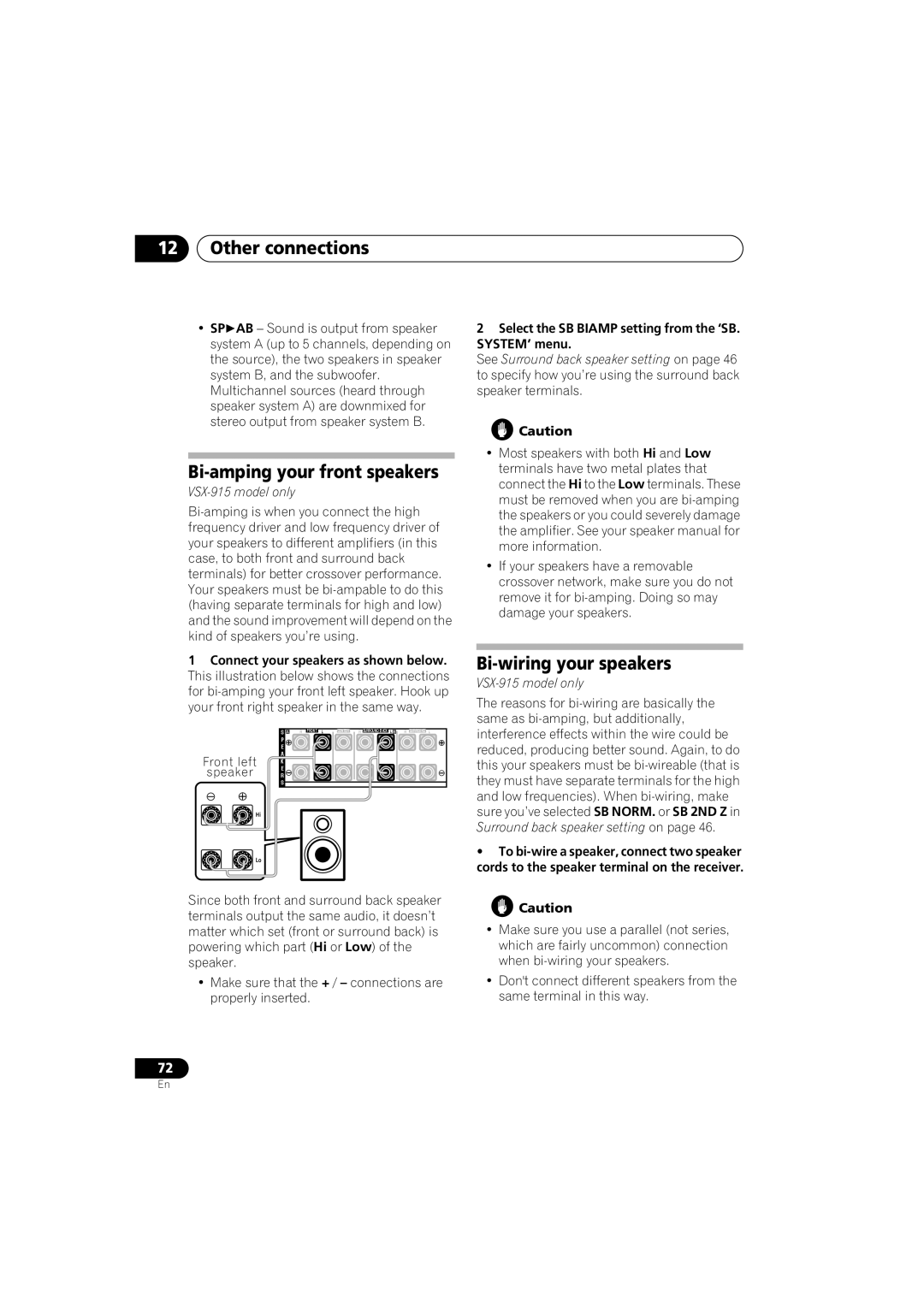 Pioneer VSX-915-S/-K, VSX-815-S/-K manual Other connections, Bi-amping your front speakers, Bi-wiring your speakers 