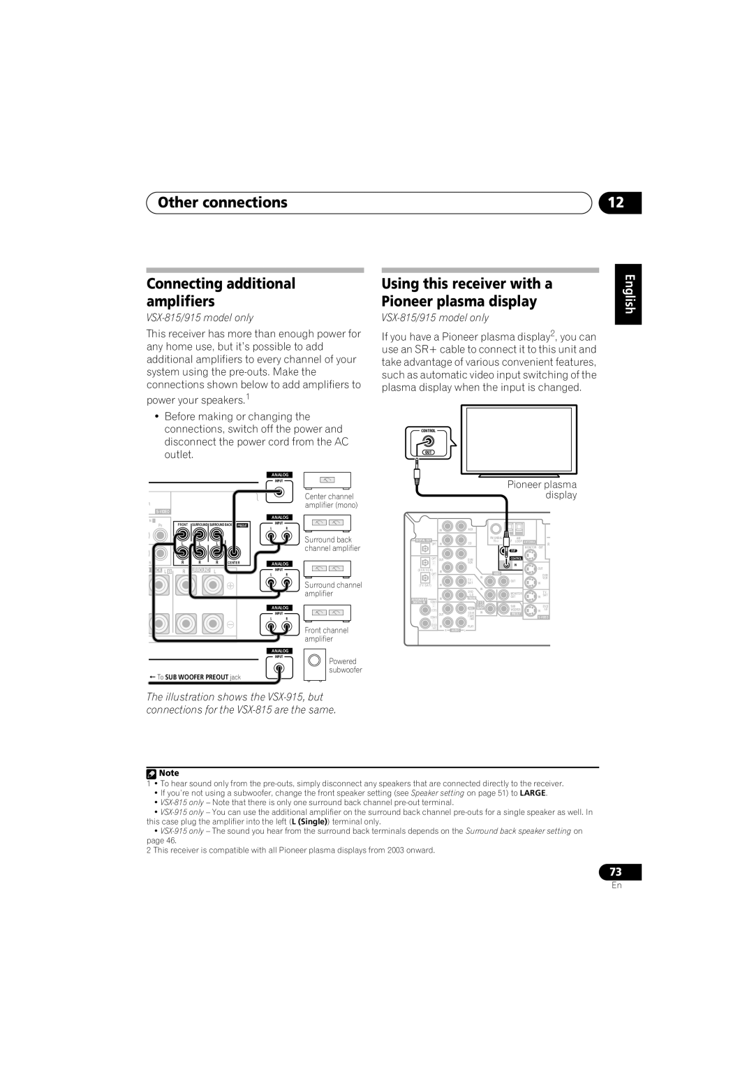 Pioneer VSX-815-S/-K, VSX-915-S/-K manual Other connections Connecting additional amplifiers, Pioneer plasma display 