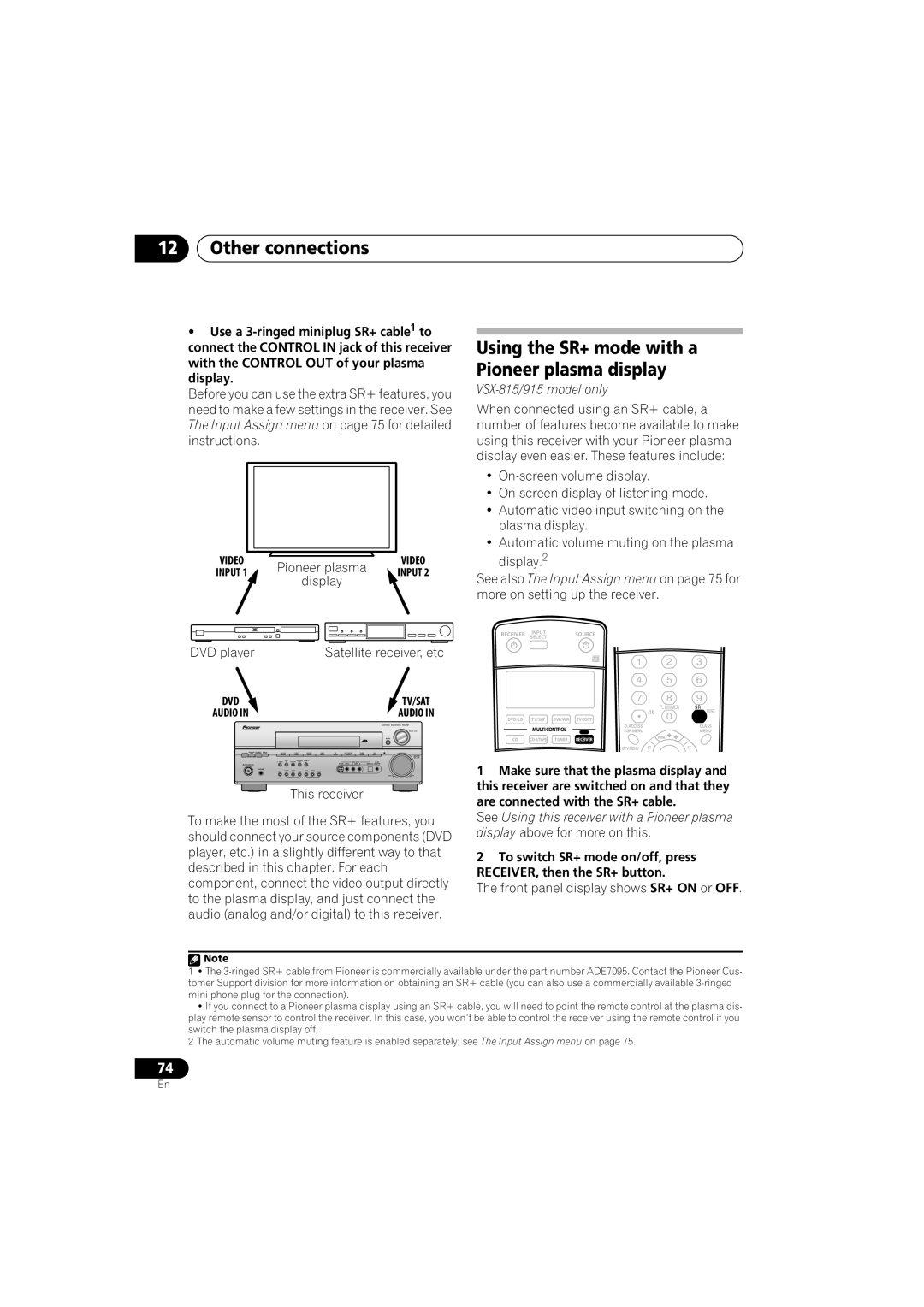 Pioneer VSX-915-S/-K manual Using the SR+ mode with a Pioneer plasma display, Display, DVD player Satellite receiver, etc 