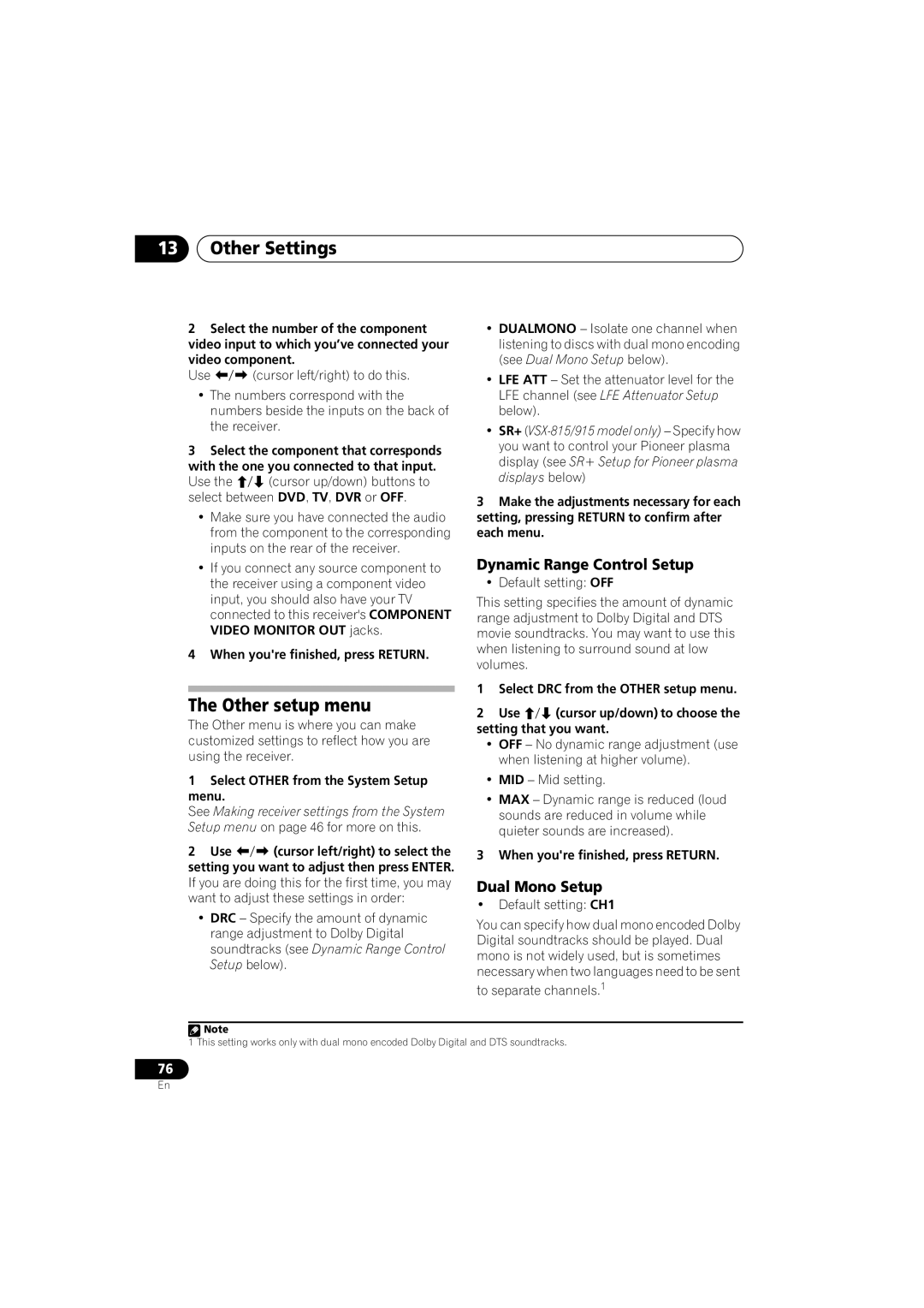 Pioneer VSX-915-S/-K, VSX-815-S/-K manual Other Settings, Other setup menu, Dynamic Range Control Setup, Dual Mono Setup 