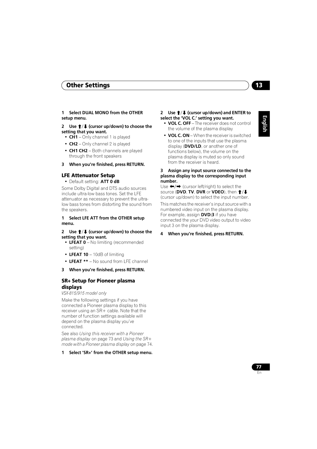 Pioneer VSX-815-S/-K, VSX-915-S/-K manual LFE Attenuator Setup, SR+ Setup for Pioneer plasma displays 