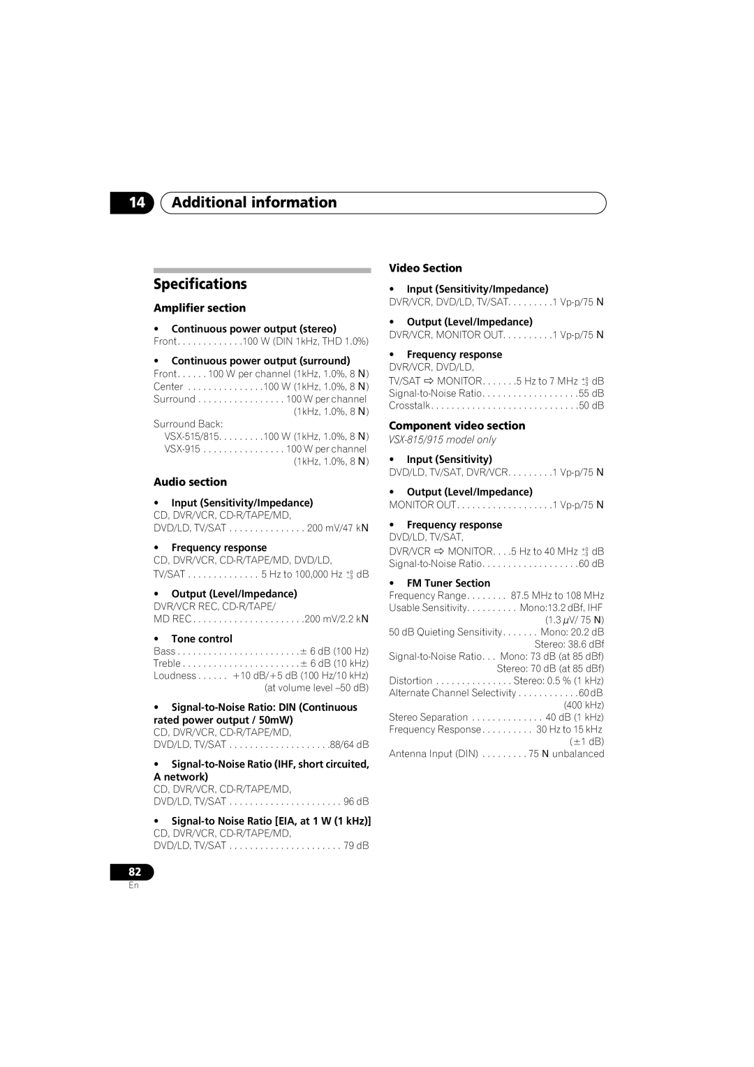 Pioneer VSX-915-S/-K, VSX-815-S/-K Additional information Specifications, Amplifier section, Audio section, Video Section 