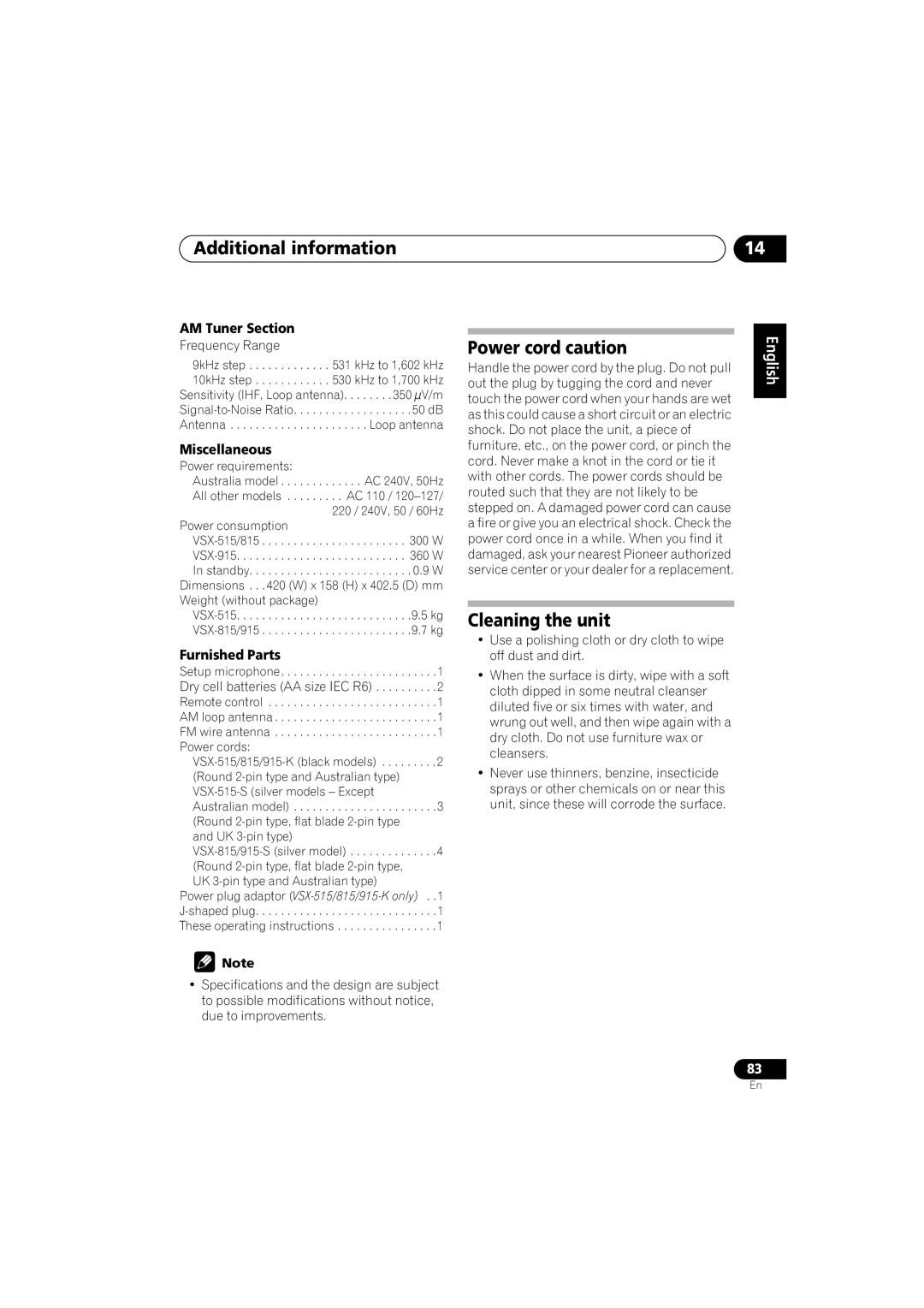 Pioneer VSX-815-S/-K, VSX-915-S/-K Power cord caution, Cleaning the unit, AM Tuner Section, Miscellaneous, Furnished Parts 