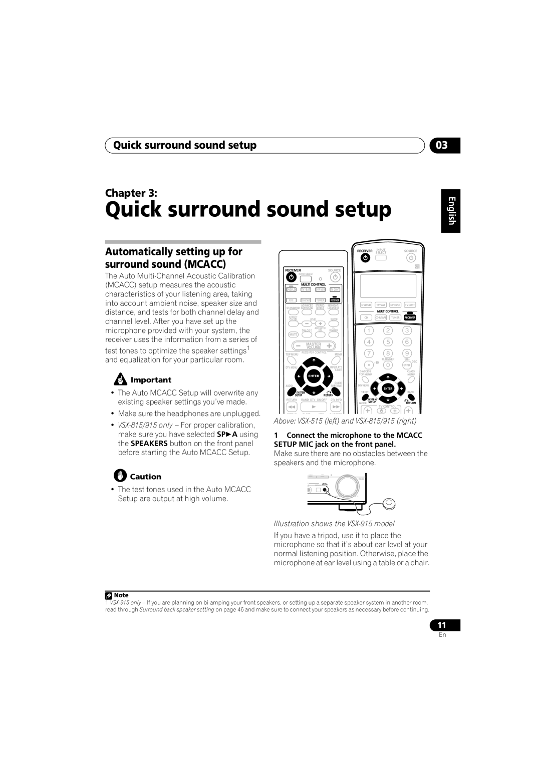 Pioneer VSX-815-S/-K Quick surround sound setup Chapter, Automatically setting up for surround sound MCACC, English 