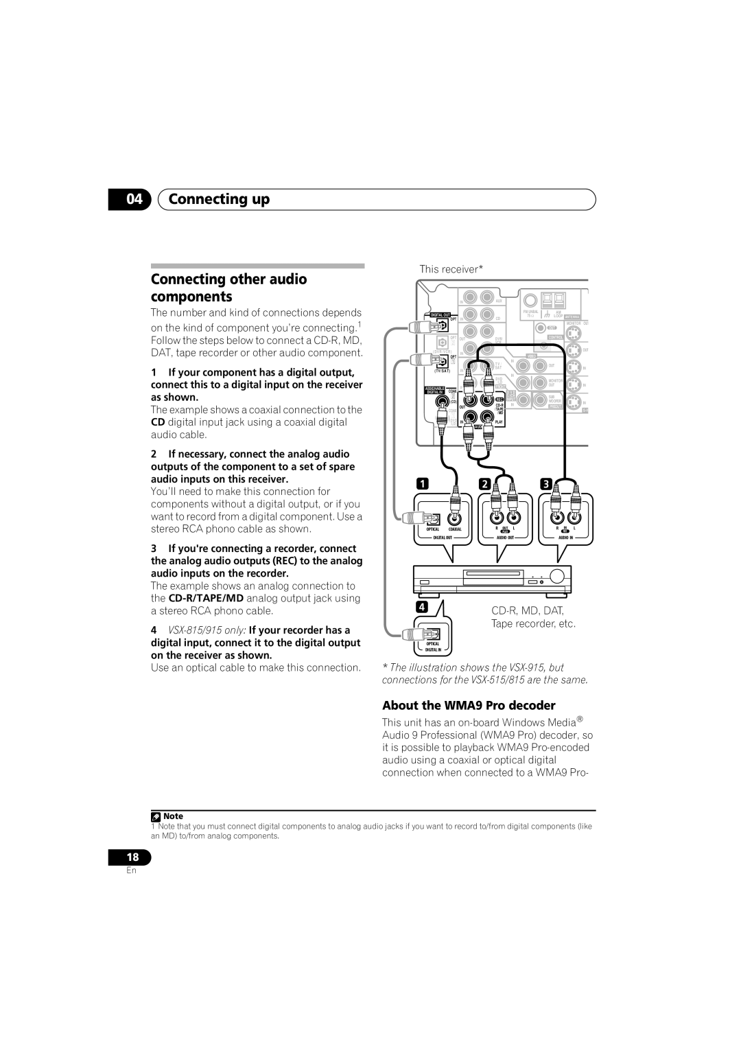 Pioneer VSX-915-S/-K, VSX-815-S/-K manual 04Connecting up, Connecting other audio components, About the WMA9 Pro decoder 