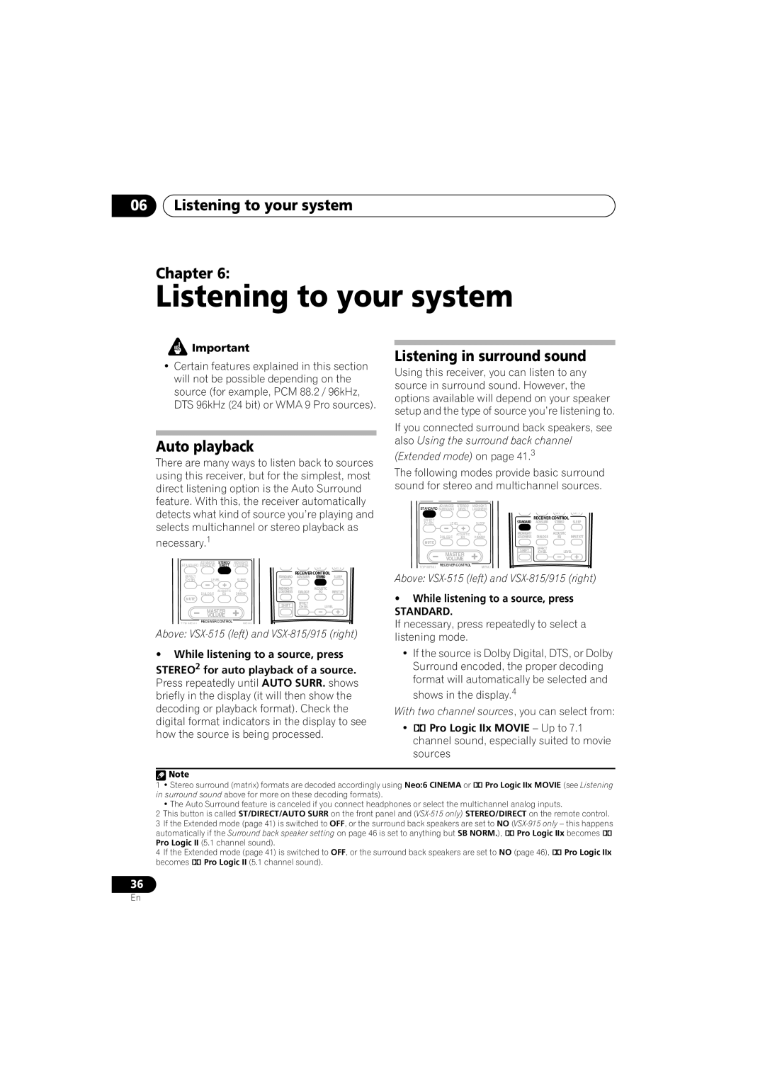 Pioneer VSX-915-S/-K, VSX-815-S/-K manual 06Listening to your system Chapter, Auto playback, Listening in surround sound 