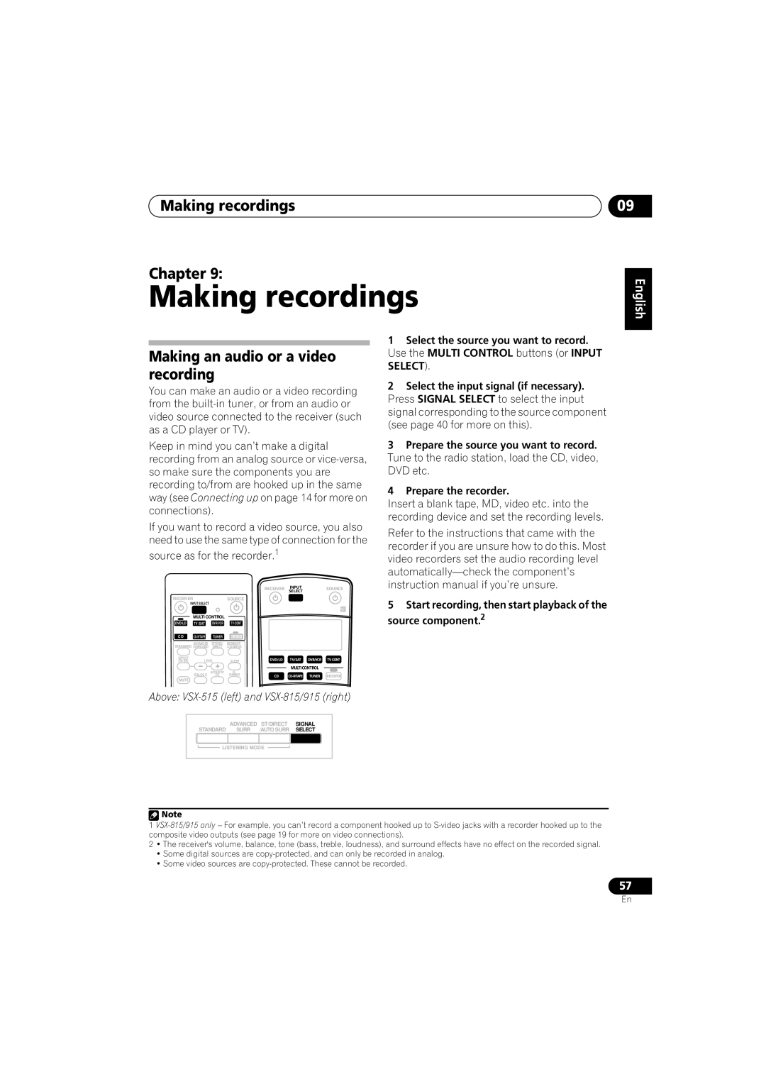Pioneer VSX-815-S/-K, VSX-915-S/-K manual Making recordings Chapter, Making an audio or a video recording, English 