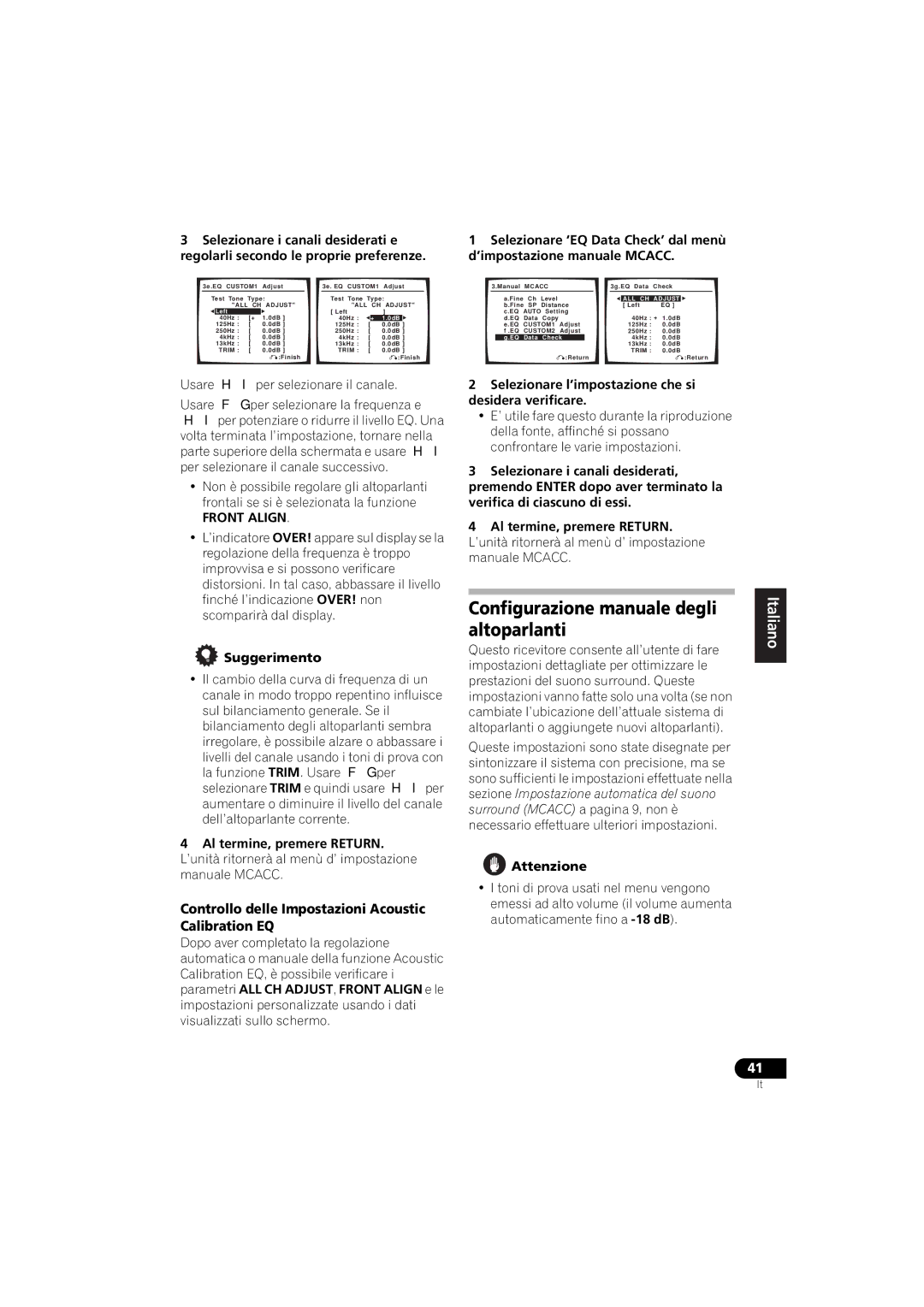 Pioneer VSX-916-K Configurazione manuale degli, Altoparlanti, Controllo delle Impostazioni Acoustic Calibration EQ 