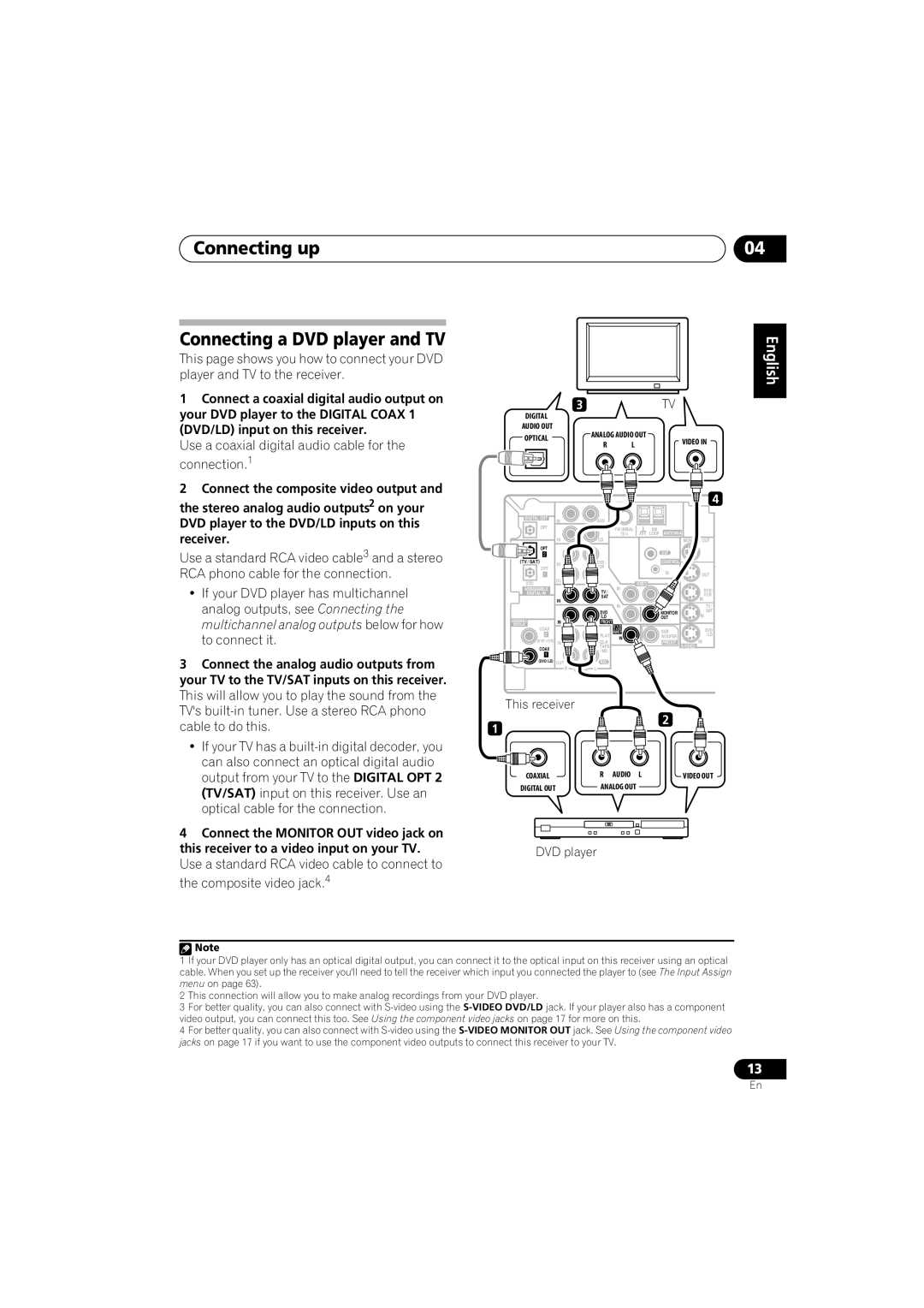 Pioneer VSX-916-K Connecting up Connecting a DVD player and TV, Use a coaxial digital audio cable for the connection.1 