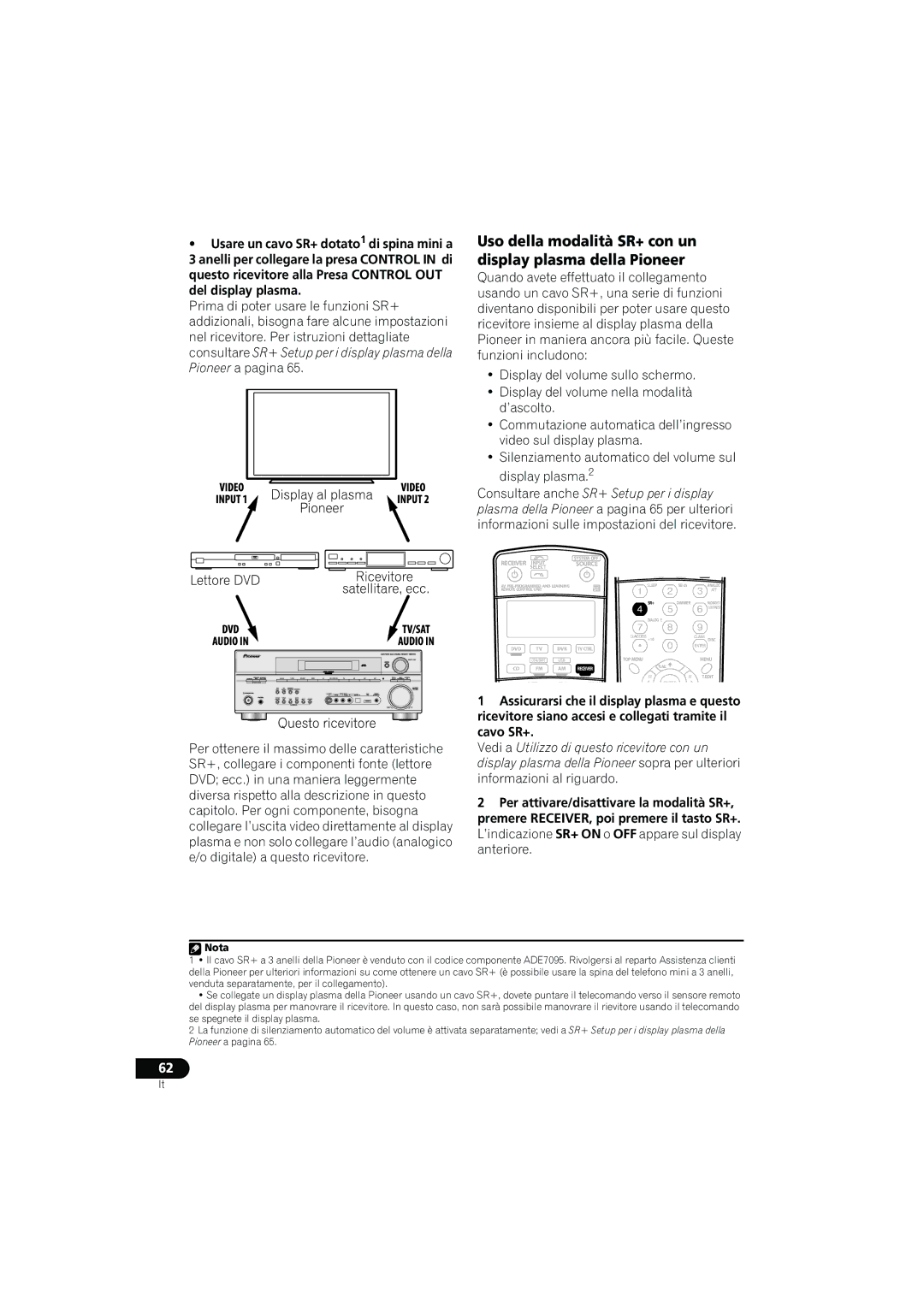 Pioneer VSX-916-S, VSX-916-K operating instructions Uso della modalità SR+ con un display plasma della Pioneer 