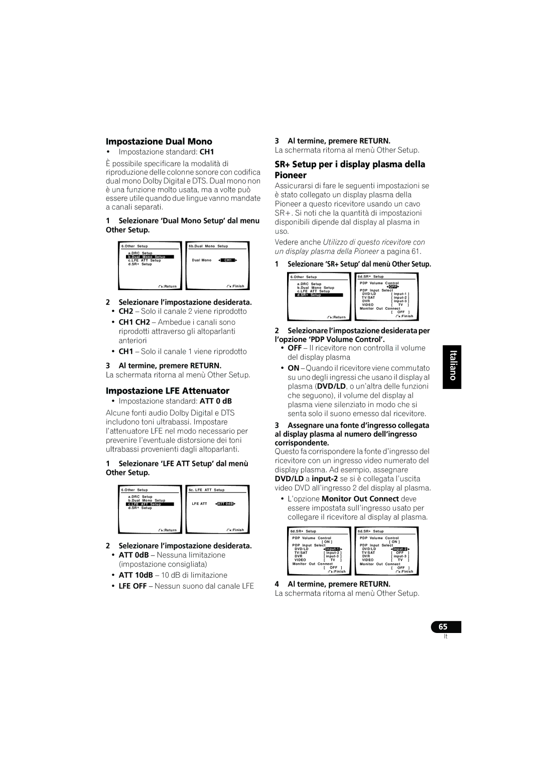 Pioneer VSX-916-K Impostazione Dual Mono, Impostazione LFE Attenuator, SR+ Setup per i display plasma della Pioneer 