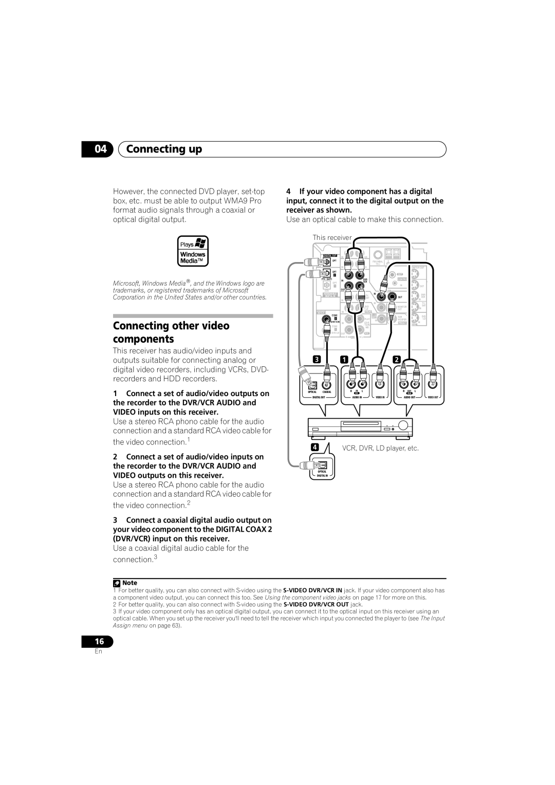 Pioneer VSX-916-S, VSX-916-K Connecting other video components, Use a coaxial digital audio cable for the connection.3 