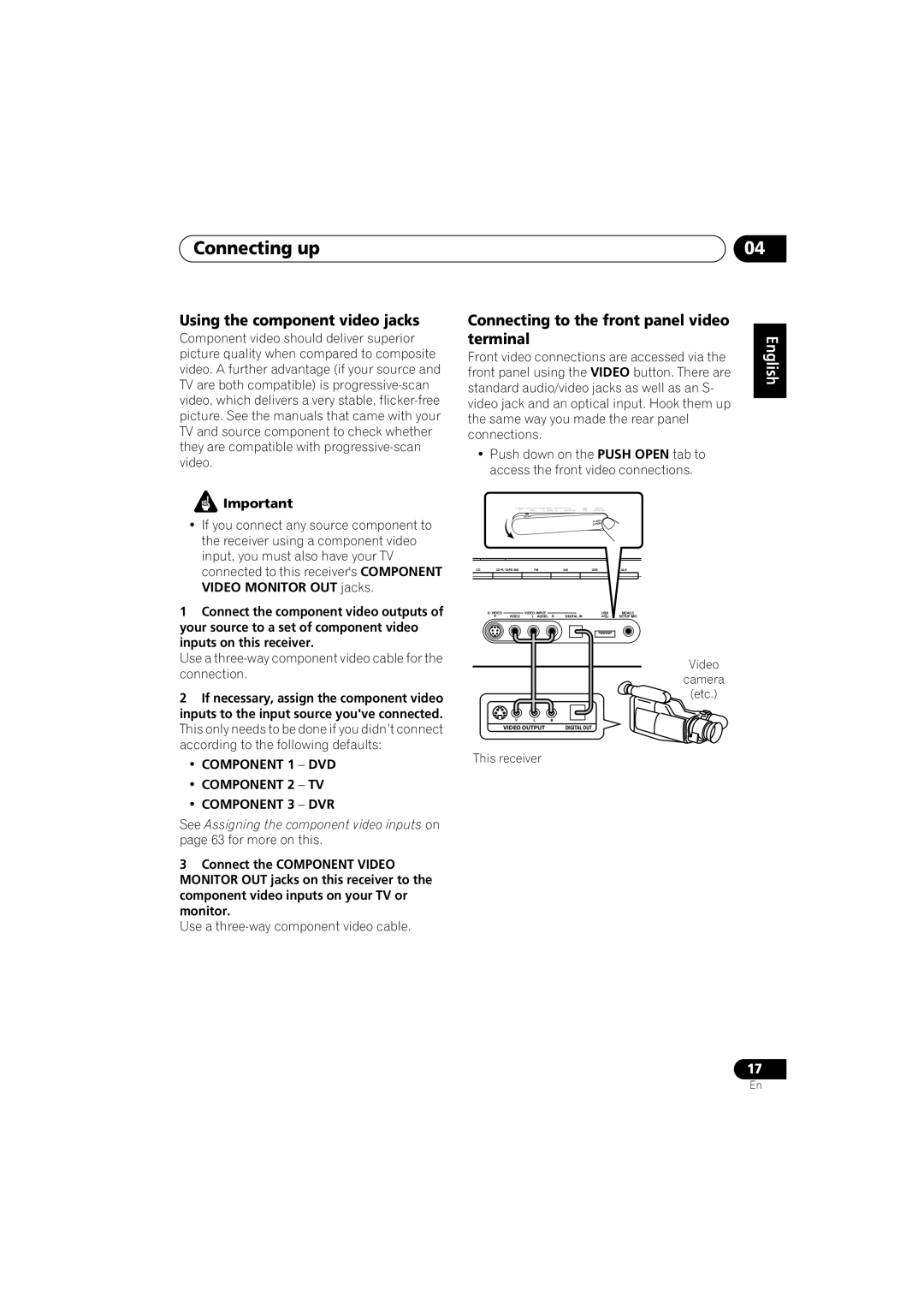 Pioneer VSX-916-K, VSX-916-S Using the component video jacks, Connecting to the front panel video Terminal 