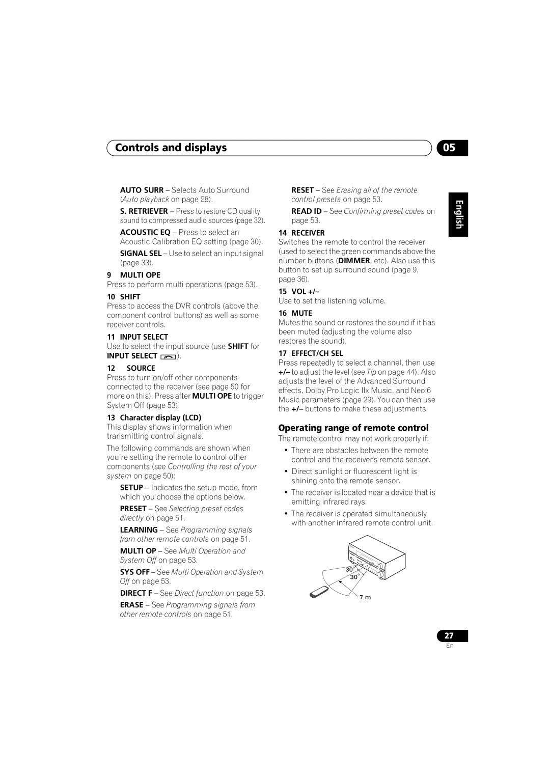 Pioneer VSX-916-K, VSX-916-S operating instructions Operating range of remote control 