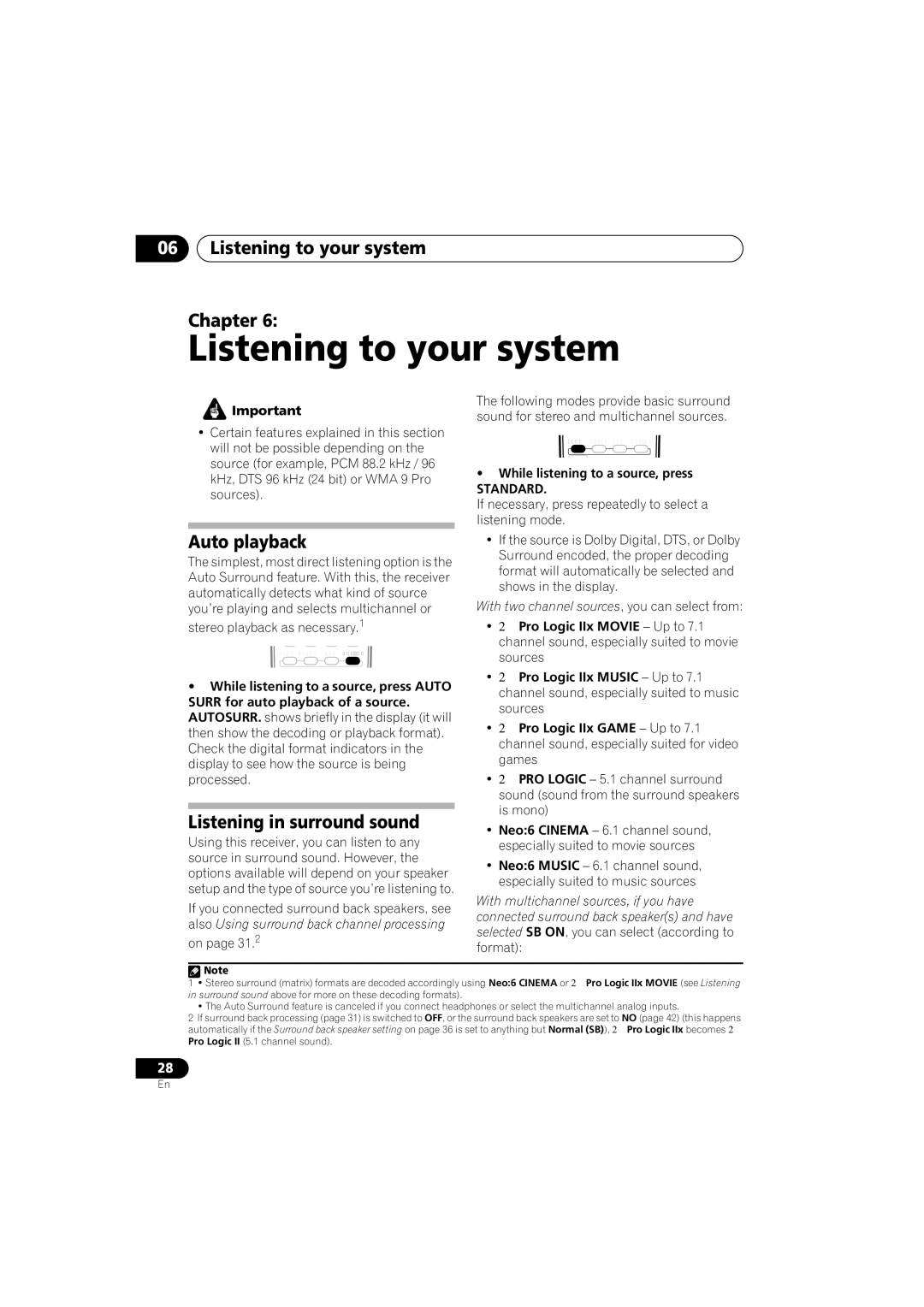 Pioneer VSX-916-S, VSX-916-K Listening to your system Chapter, Auto playback, Listening in surround sound, Standard 