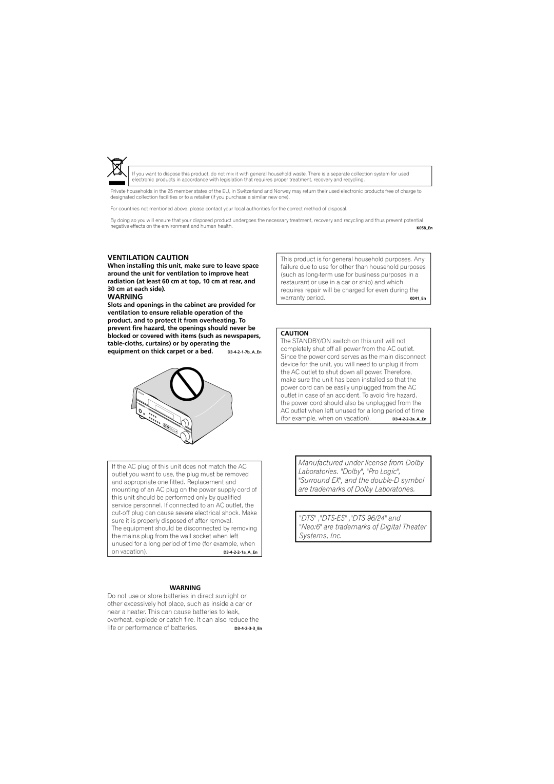 Pioneer VSX-916-K, VSX-916-S operating instructions Ventilation Caution 