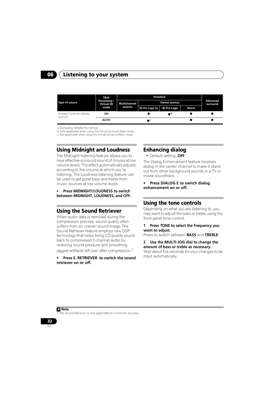 Pioneer VSX-916-S Using Midnight and Loudness, Using the Sound Retriever, Enhancing dialog, Using the tone controls 