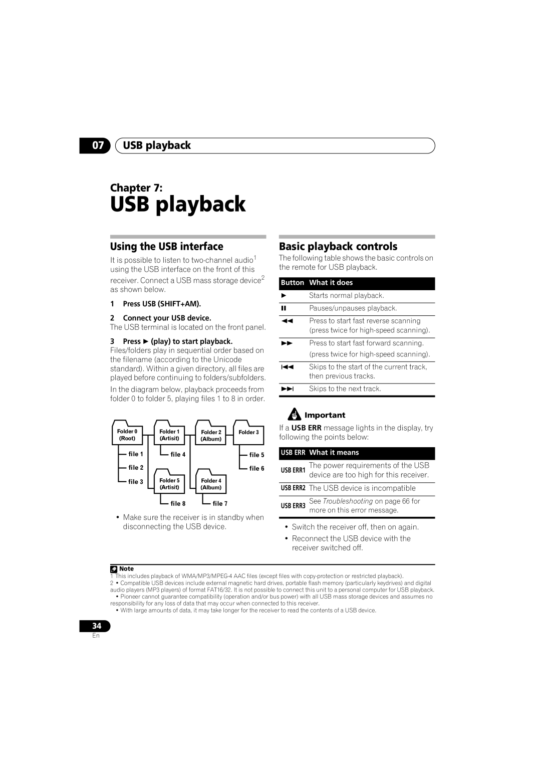 Pioneer VSX-916-S, VSX-916-K USB playback Chapter, Using the USB interface, Basic playback controls 