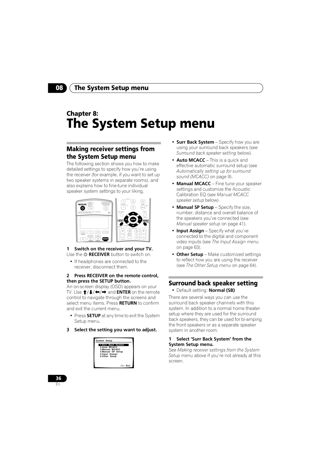 Pioneer VSX-916-S, VSX-916-K operating instructions System Setup menu Chapter, Surround back speaker setting 