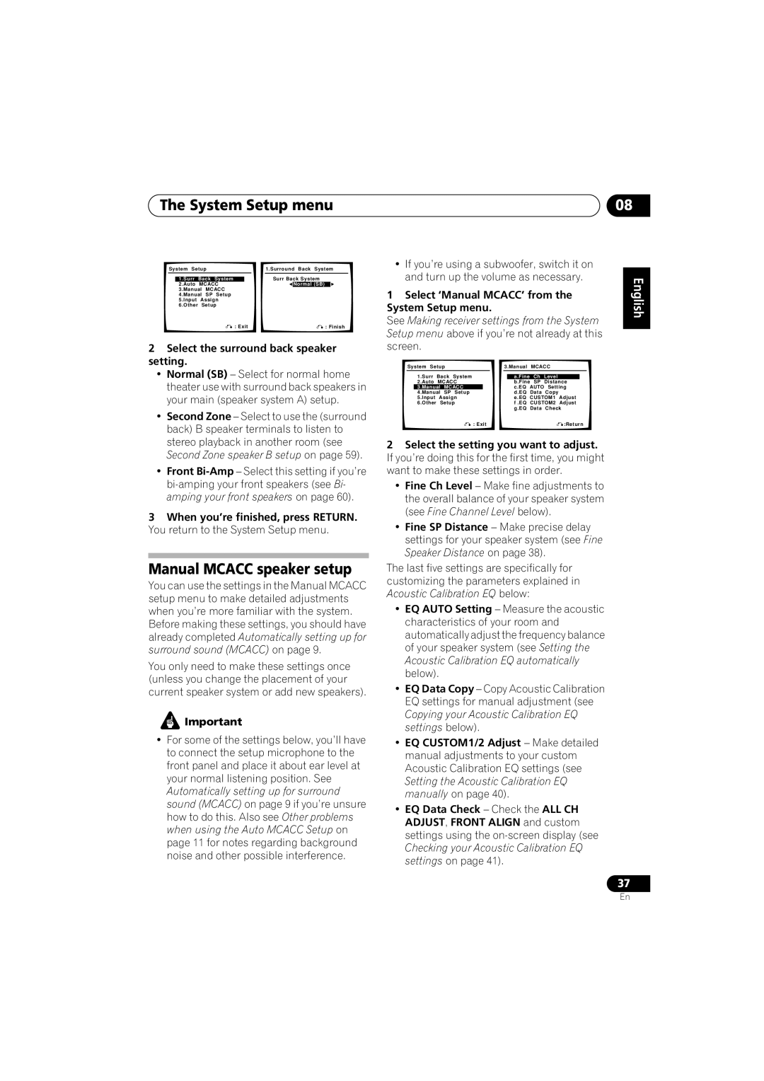 Pioneer VSX-916-K, VSX-916-S System Setup menu, Manual Mcacc speaker setup, Select the surround back speaker setting 