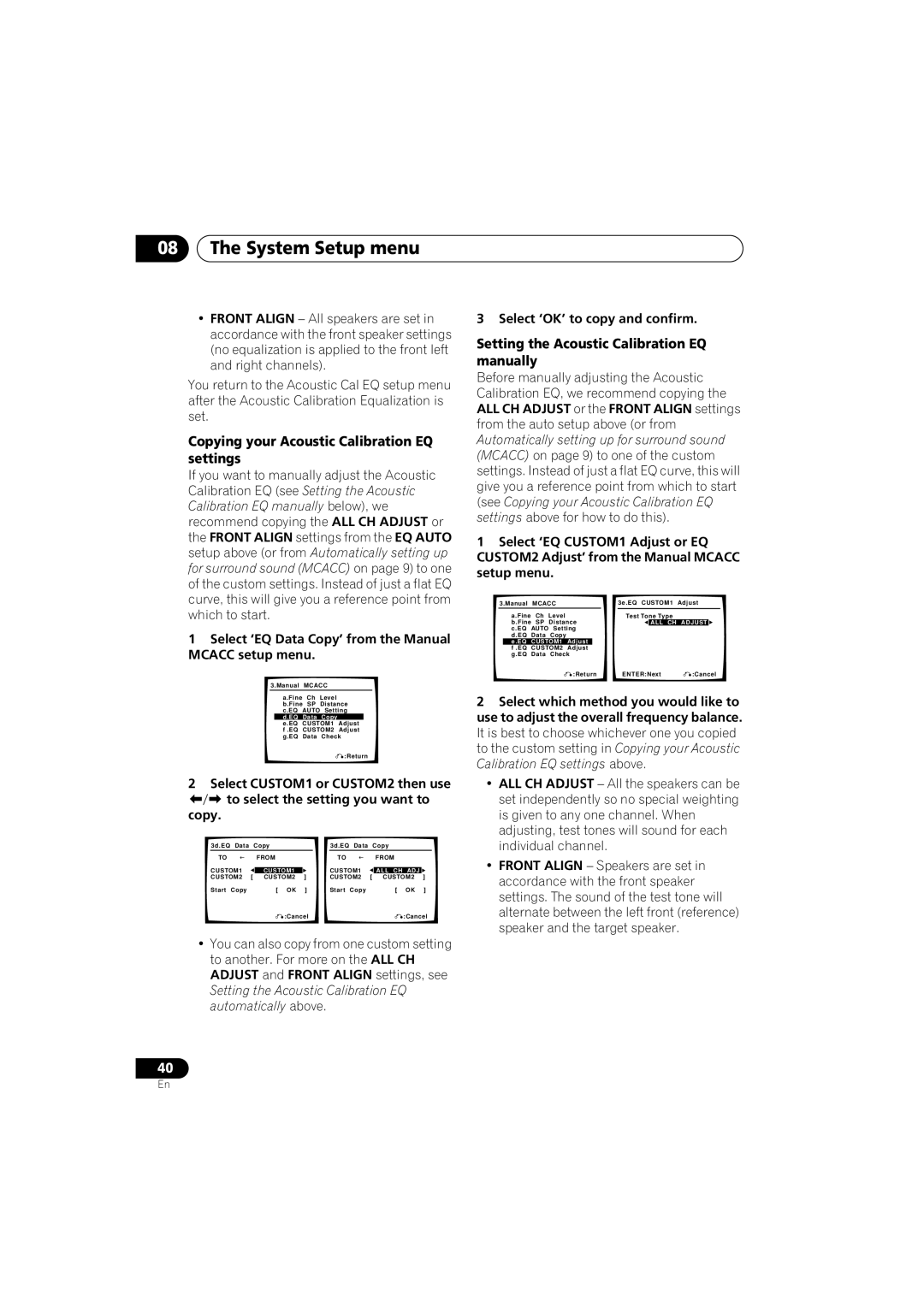 Pioneer VSX-916-S, VSX-916-K Copying your Acoustic Calibration EQ settings, Setting the Acoustic Calibration EQ manually 