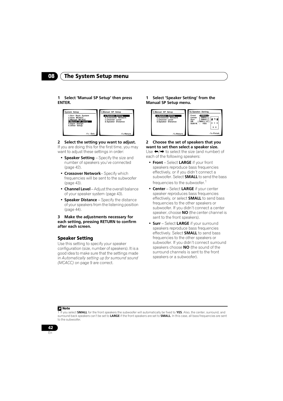 Pioneer VSX-916-S, VSX-916-K operating instructions Speaker Setting, Manual SP Setup menu 