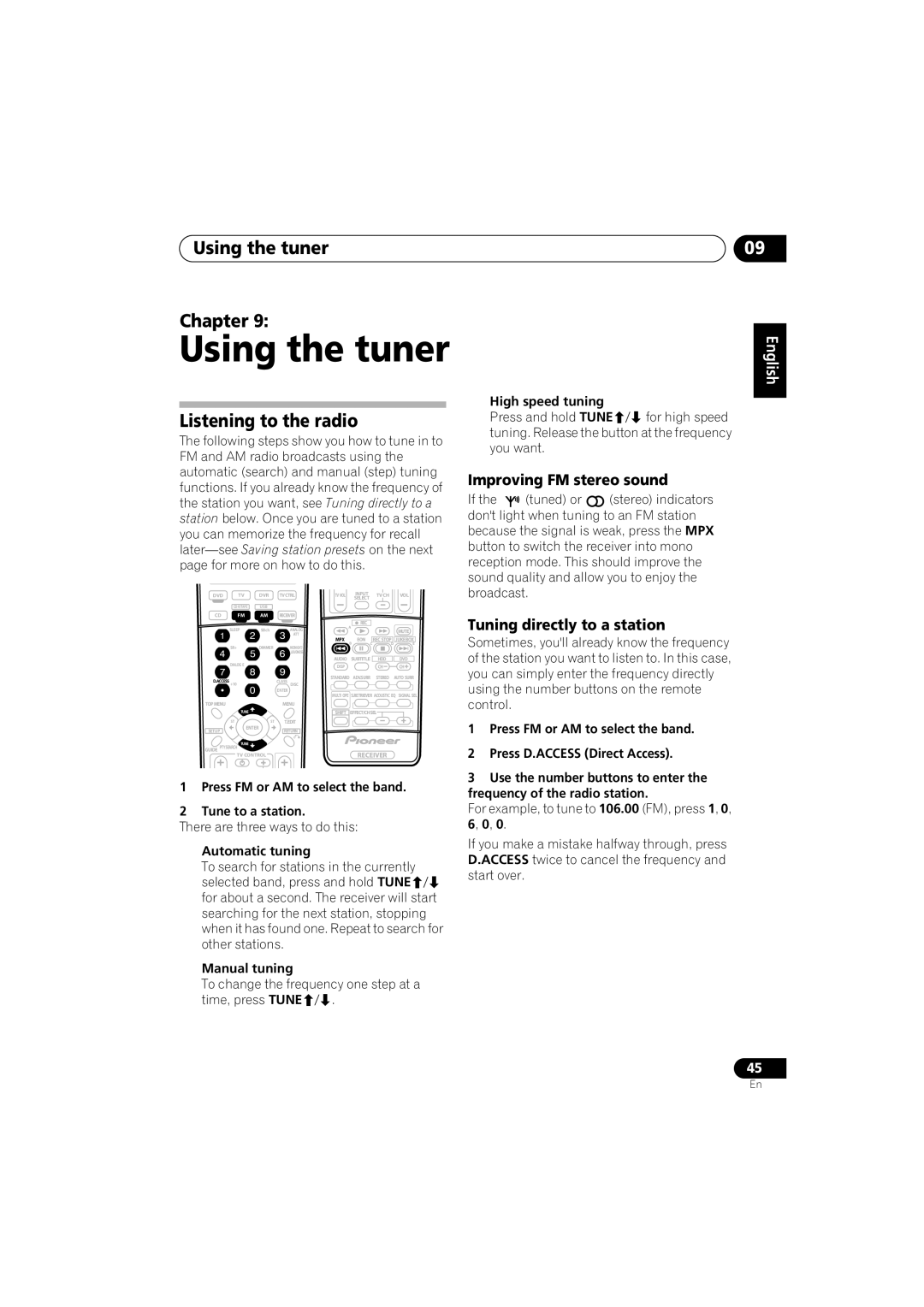 Pioneer VSX-916-K, VSX-916-S Using the tuner Chapter, Listening to the radio, Improving FM stereo sound 