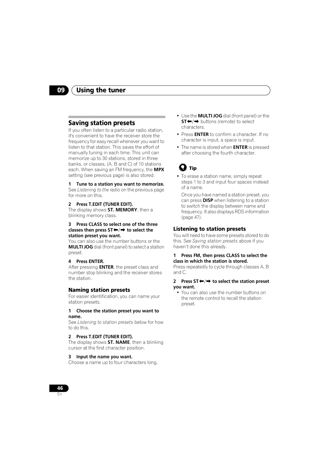 Pioneer VSX-916-S, VSX-916-K Using the tuner Saving station presets, Naming station presets, Listening to station presets 