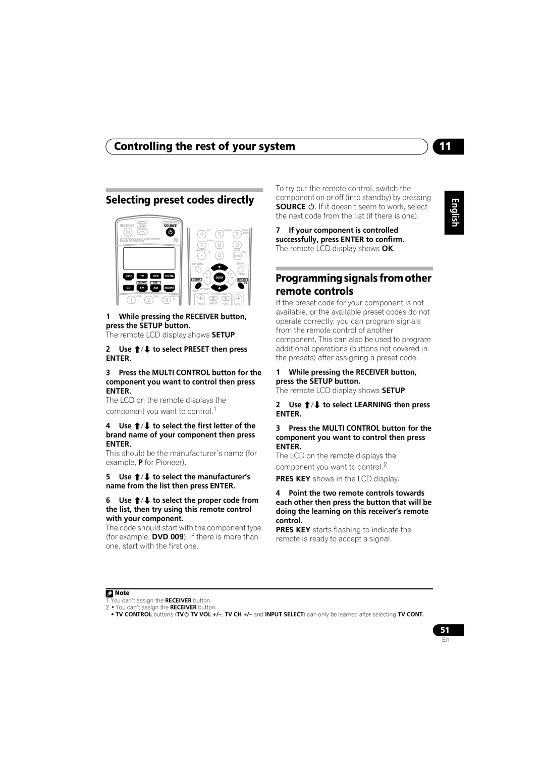 Pioneer VSX-916-K, VSX-916-S Programming signals from other remote controls, Remote LCD display shows Setup, Use 