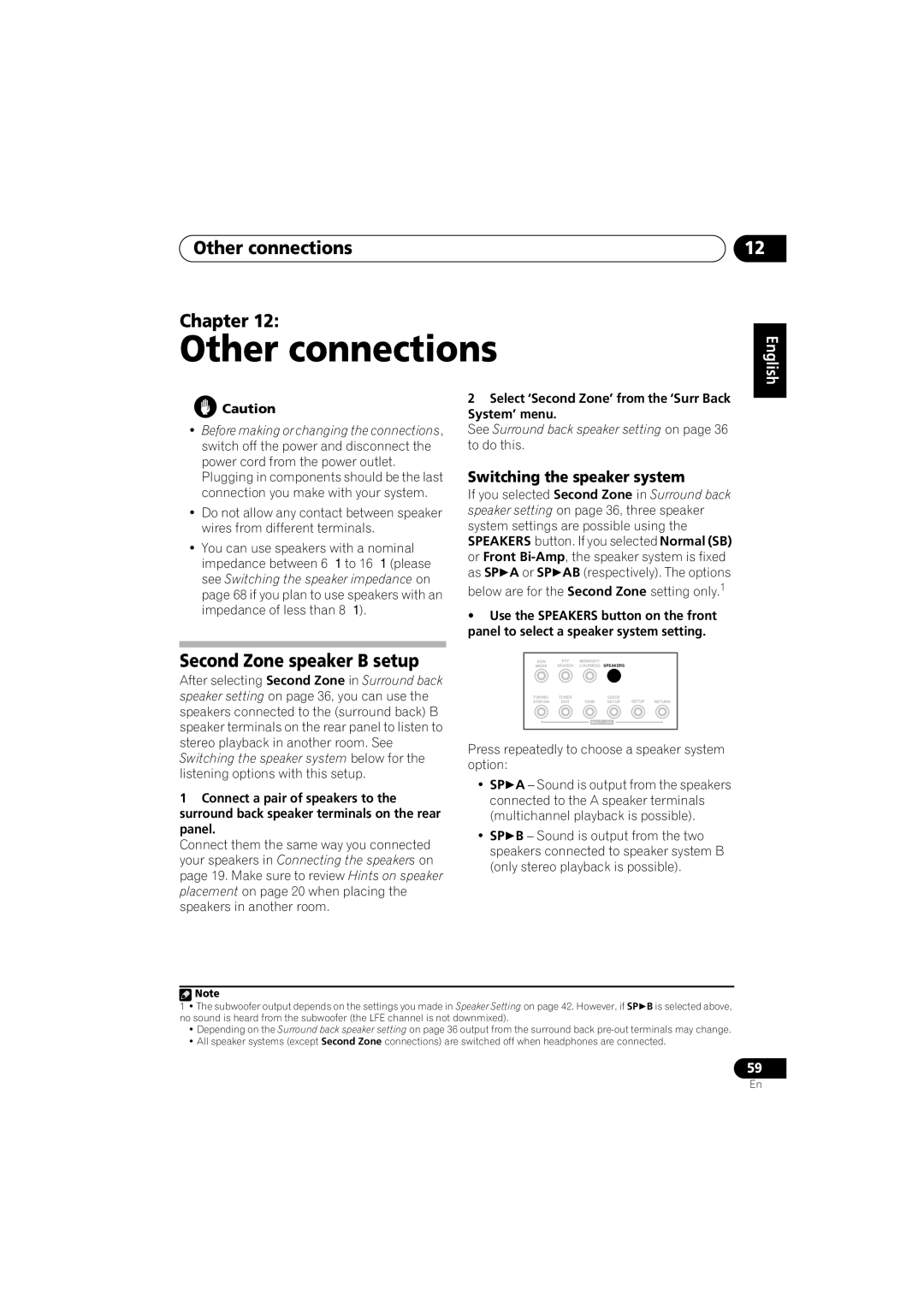 Pioneer VSX-916-K, VSX-916-S Other connections Chapter, Second Zone speaker B setup, Switching the speaker system 