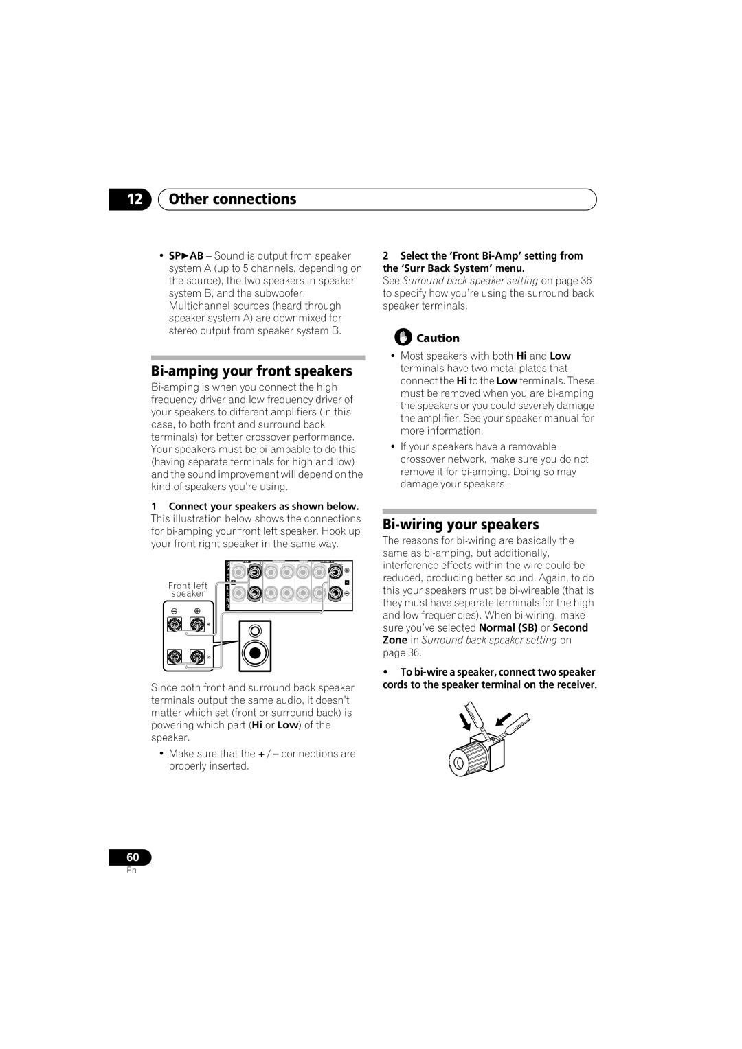 Pioneer VSX-916-S, VSX-916-K Other connections, Bi-amping your front speakers, Bi-wiring your speakers 