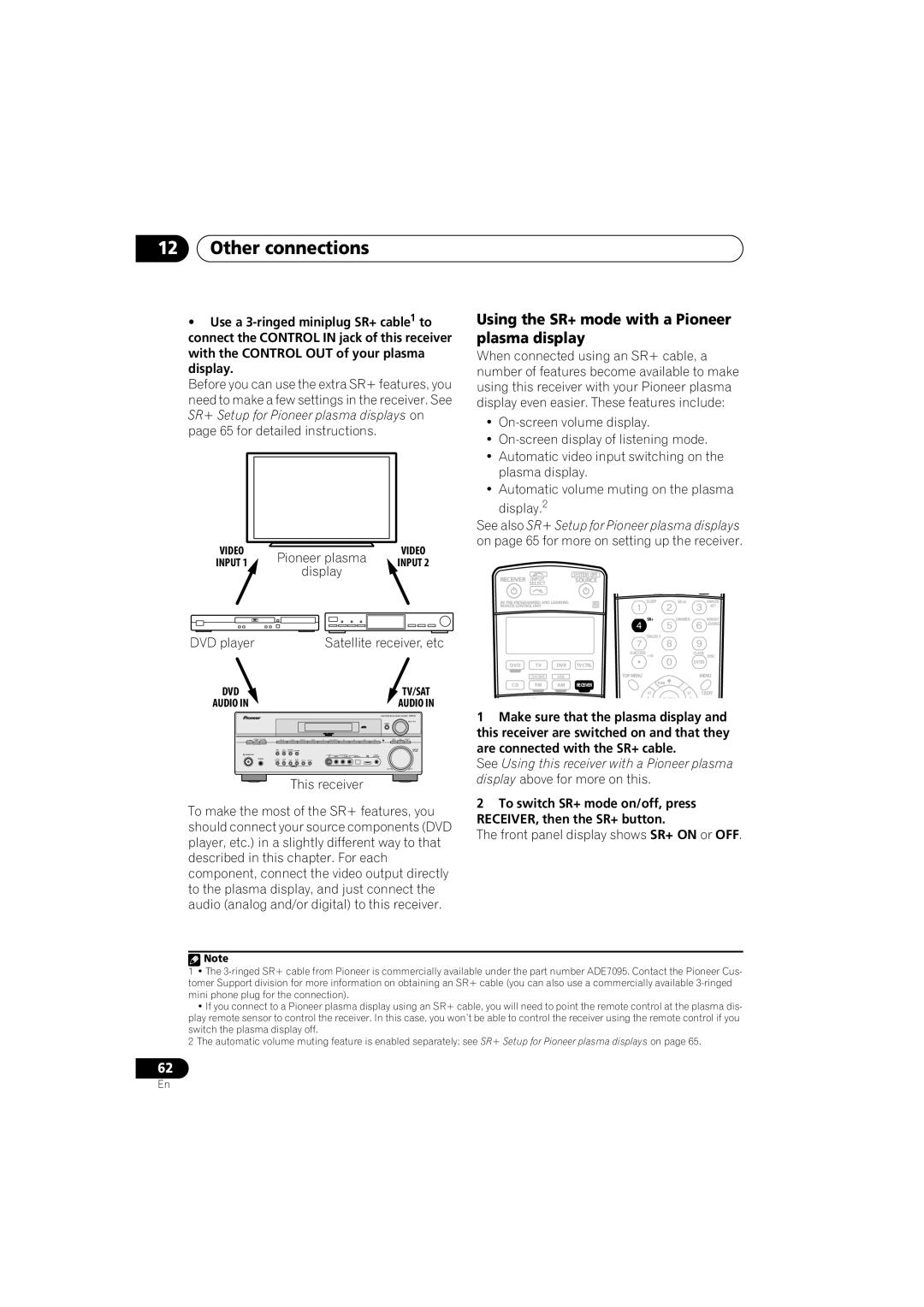 Pioneer VSX-916-S, VSX-916-K Using the SR+ mode with a Pioneer plasma display, Display, DVD player Satellite receiver, etc 