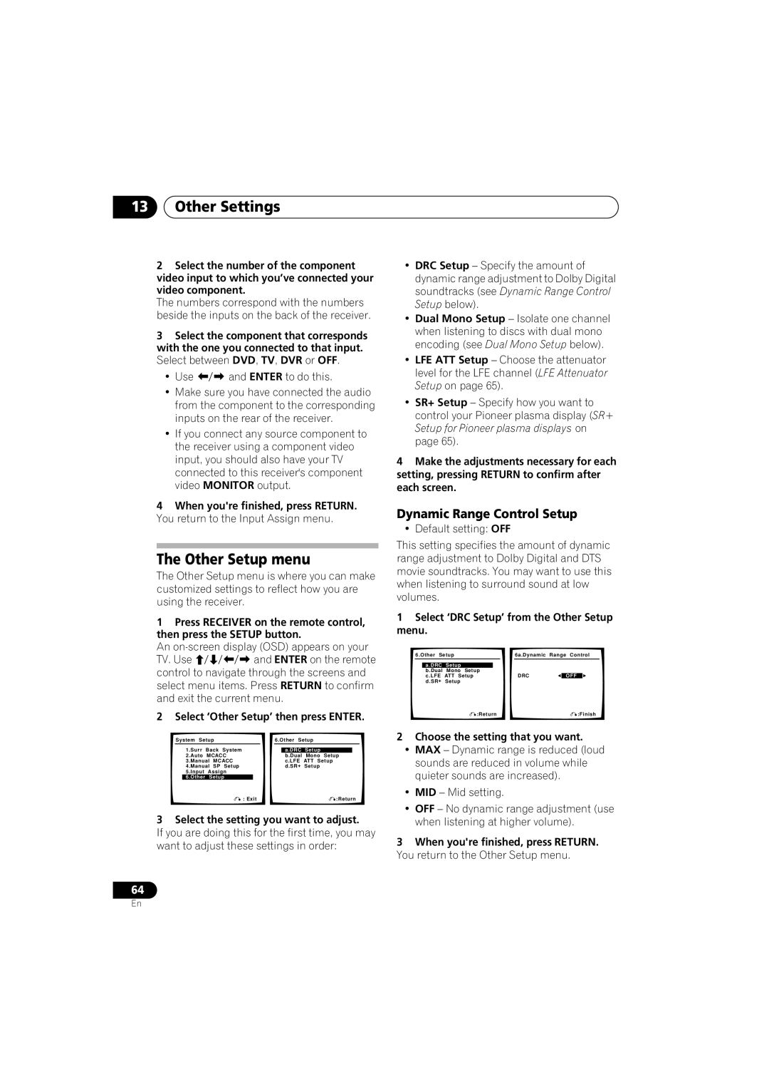 Pioneer VSX-916-S, VSX-916-K operating instructions Other Settings, Other Setup menu, Dynamic Range Control Setup 