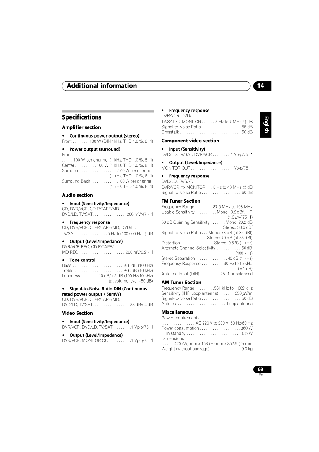 Pioneer VSX-916-K, VSX-916-S operating instructions Additional information Specifications 