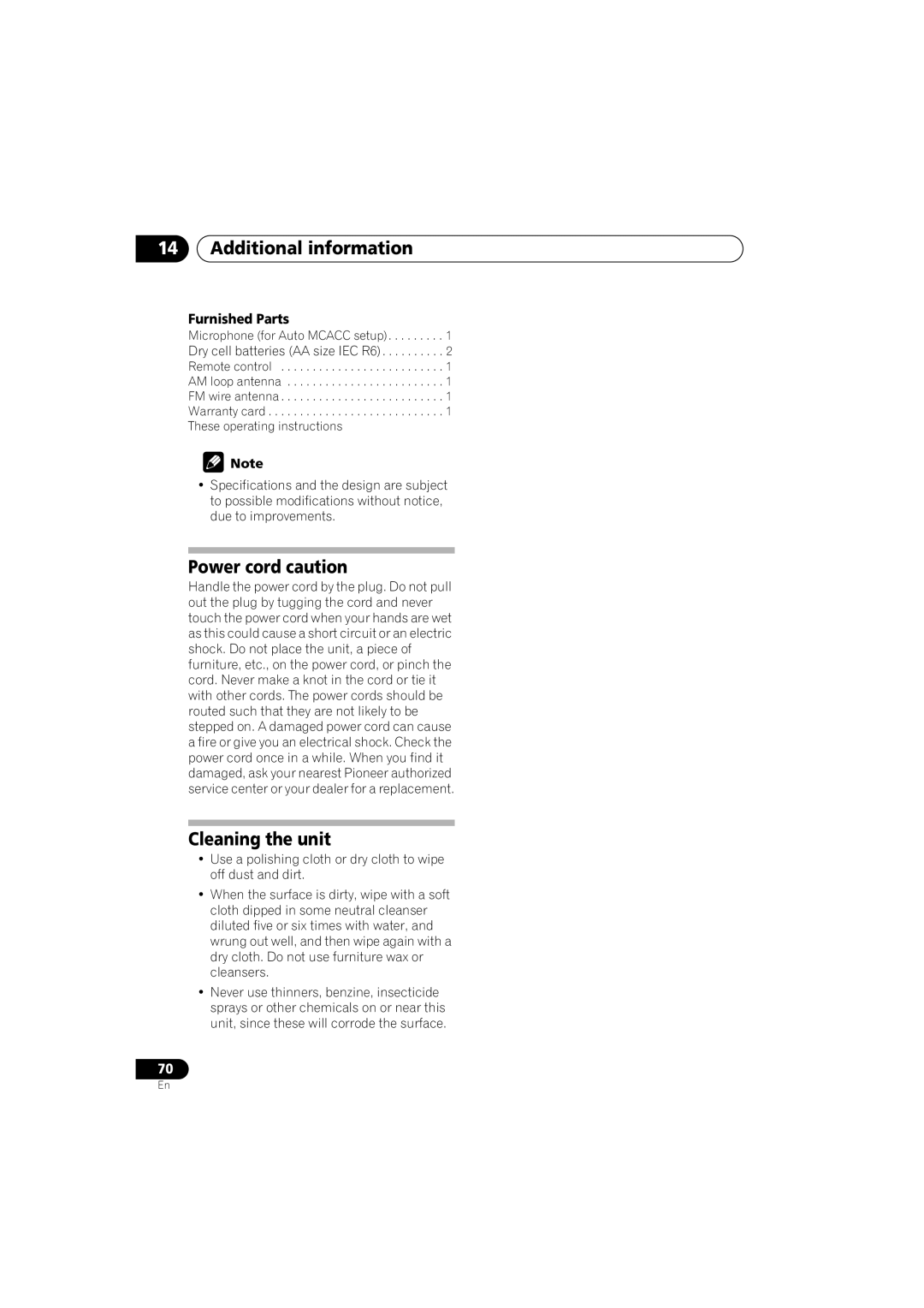 Pioneer VSX-916-S, VSX-916-K operating instructions Power cord caution, Cleaning the unit, Furnished Parts 