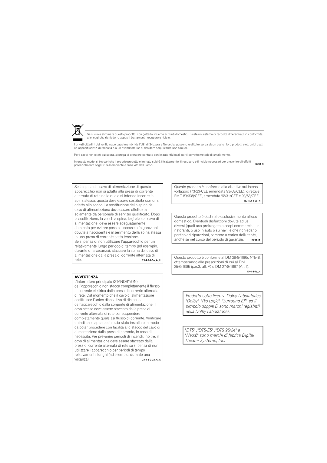 Pioneer VSX-916-K, VSX-916-S operating instructions Avvertenza 