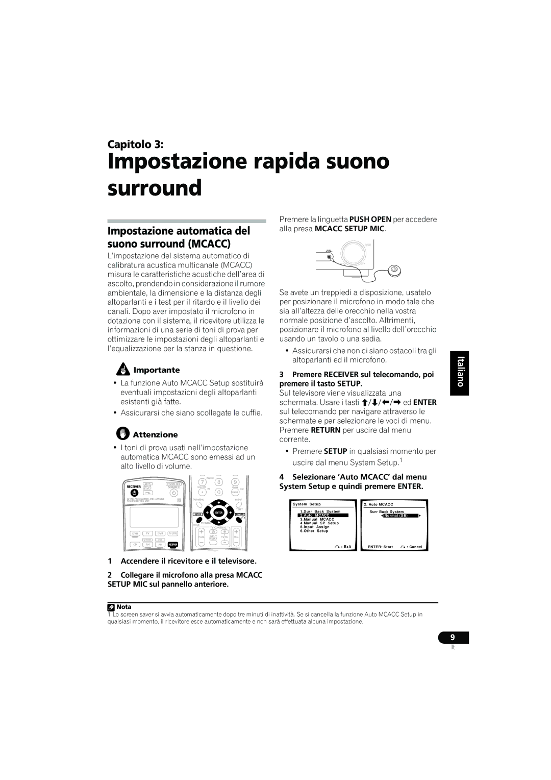 Pioneer VSX-916-K, VSX-916-S Impostazione rapida suono surround, Impostazione automatica del, Suono surround Mcacc 